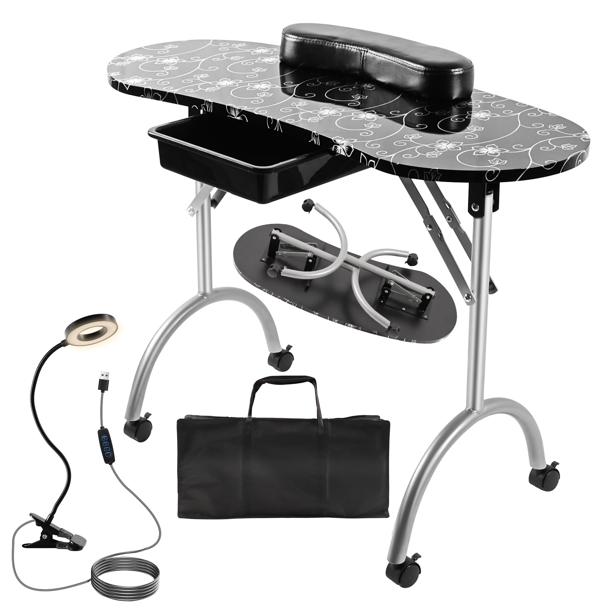 Alohappy Portable Foldable Manicure Table with Wheels & Drawer - USB LED Lamp, Wrist Pad & Carry Bag - 30
