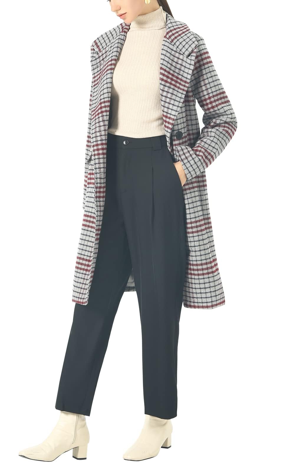 Women's Classic Notched Collar Double Breasted Plaid Wool Blend Long Trench Coat - Stylish Winter Outerwear for Office, Dating & Formal Occasions