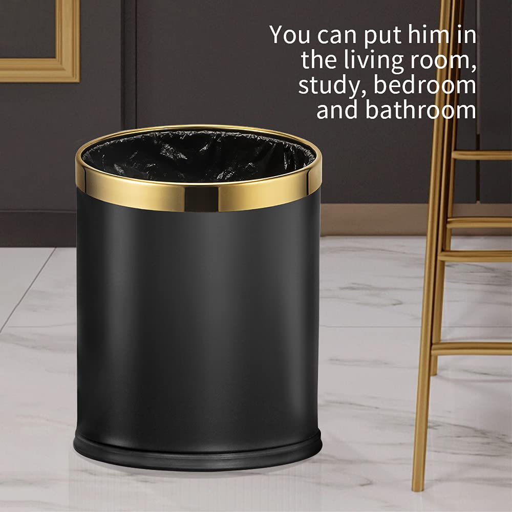 LEASYLIFE 10L/2.6GAL Open Top Metal Trash Can - Black with Gold Circle Design, Office Waste Bin Without Lid for Hotel, Store, Restaurant & Home Use - Durable & Stylish Garbage Can for Kitchen, Bathroom & Commercial Spaces