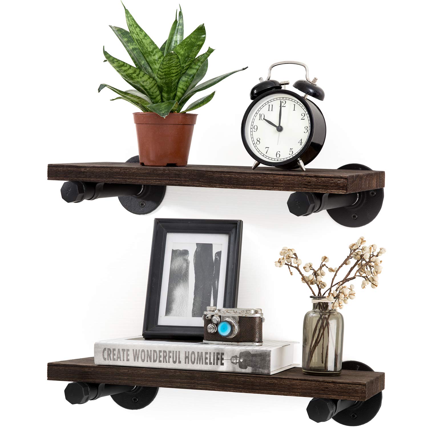 **Mkono Floating Shelves Set of 2 - Rustic Wood Wall Shelf with Industrial Pipe Brackets, Wall Mounted Storage Shelves for Farmhouse, Bathroom, Living Room, Kitchen & Office Decor | Perfect for Displaying Plants, Books & Home Essentials**