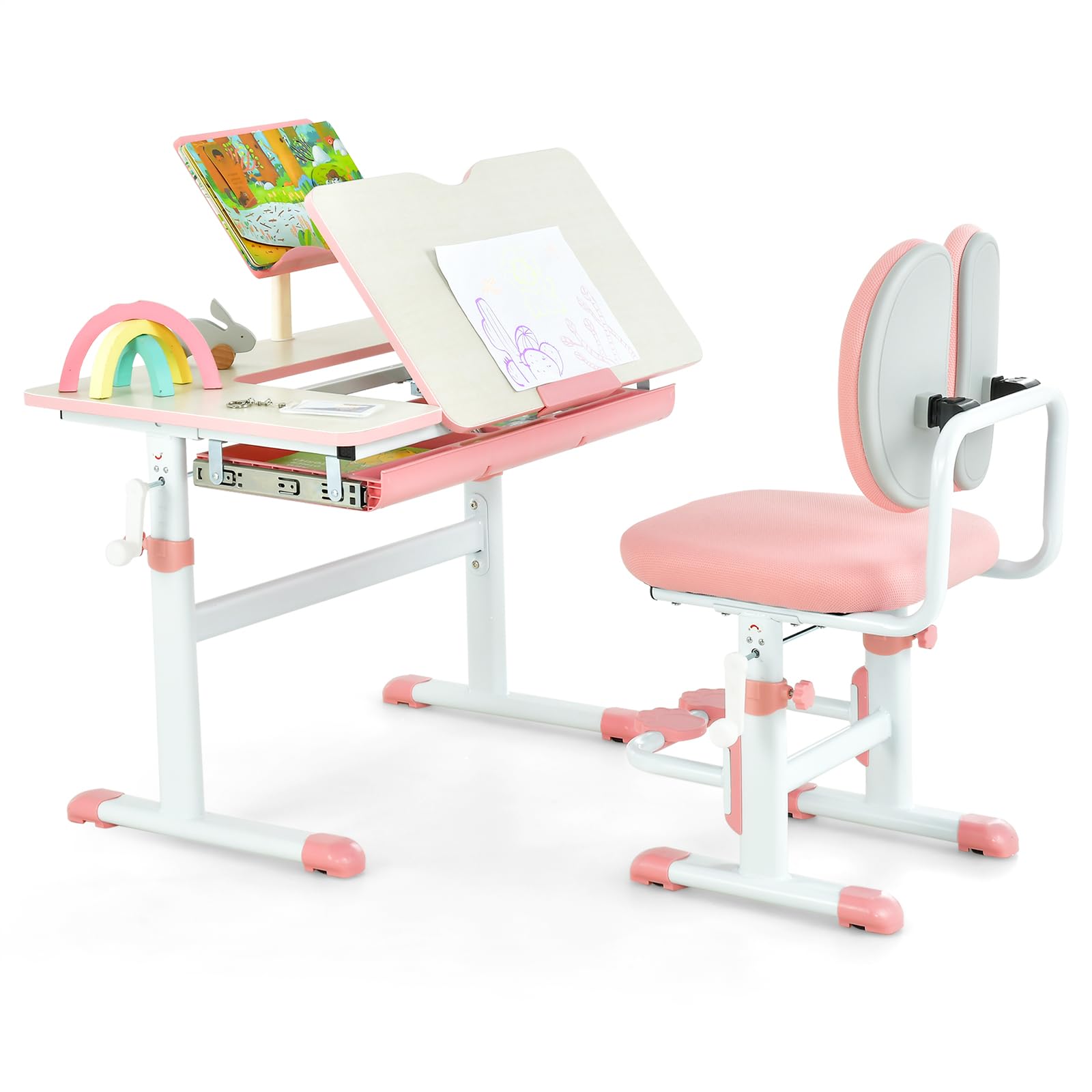 Costzon Adjustable Kids Desk and Chair Set - Ergonomic Study Desk with Tiltable Top, Book Stand & Footrest - Pink Writing Table for Boys & Girls - Perfect for Homeschooling, Online Learning & Bedroom Study Space