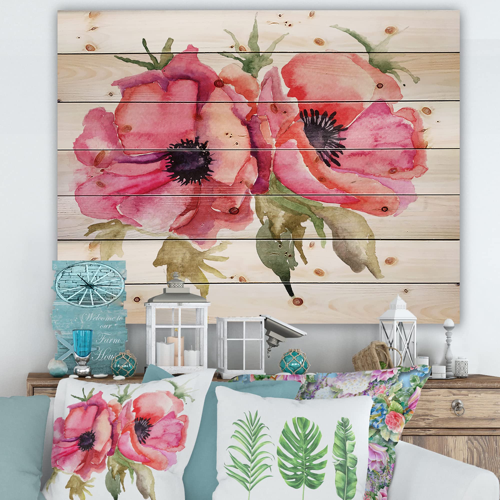 DesignQ Stylized Poppy Flowers Wood Wall Art - Pink Floral Pine Wood Decor Panel for Living Room, Bedroom & Office - Traditional Large Wall Hanging for Home Decoration