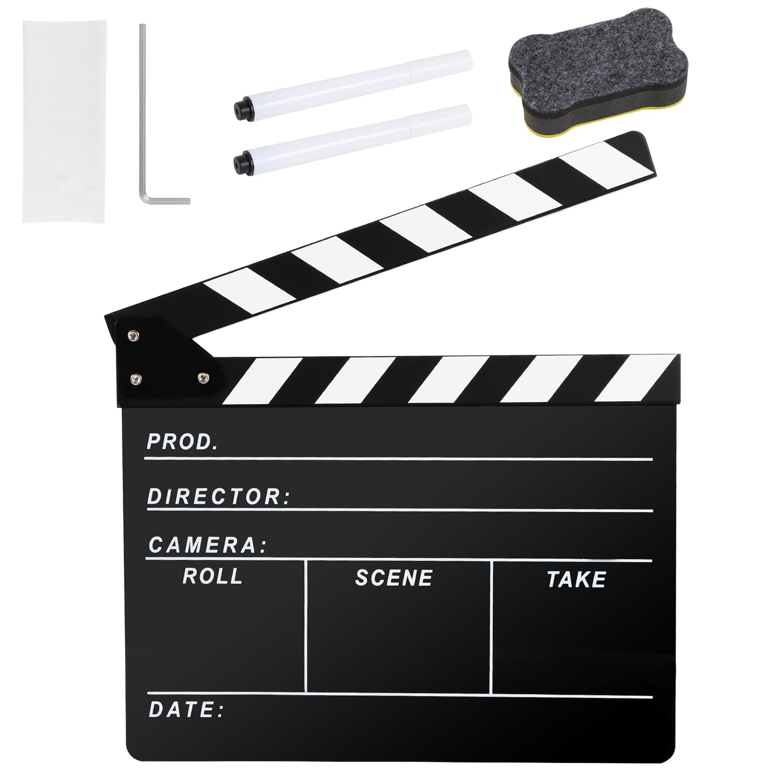 Professional Directors Clapboard for Film & Video Production - Hollywood Slate with Magnetic Blackboard Eraser, 2 Custom Pens, Cleaning Cloth & Hex Wrench - Perfect for Movie Sets, TV Shows, YouTube Videos & Student Filmmaking