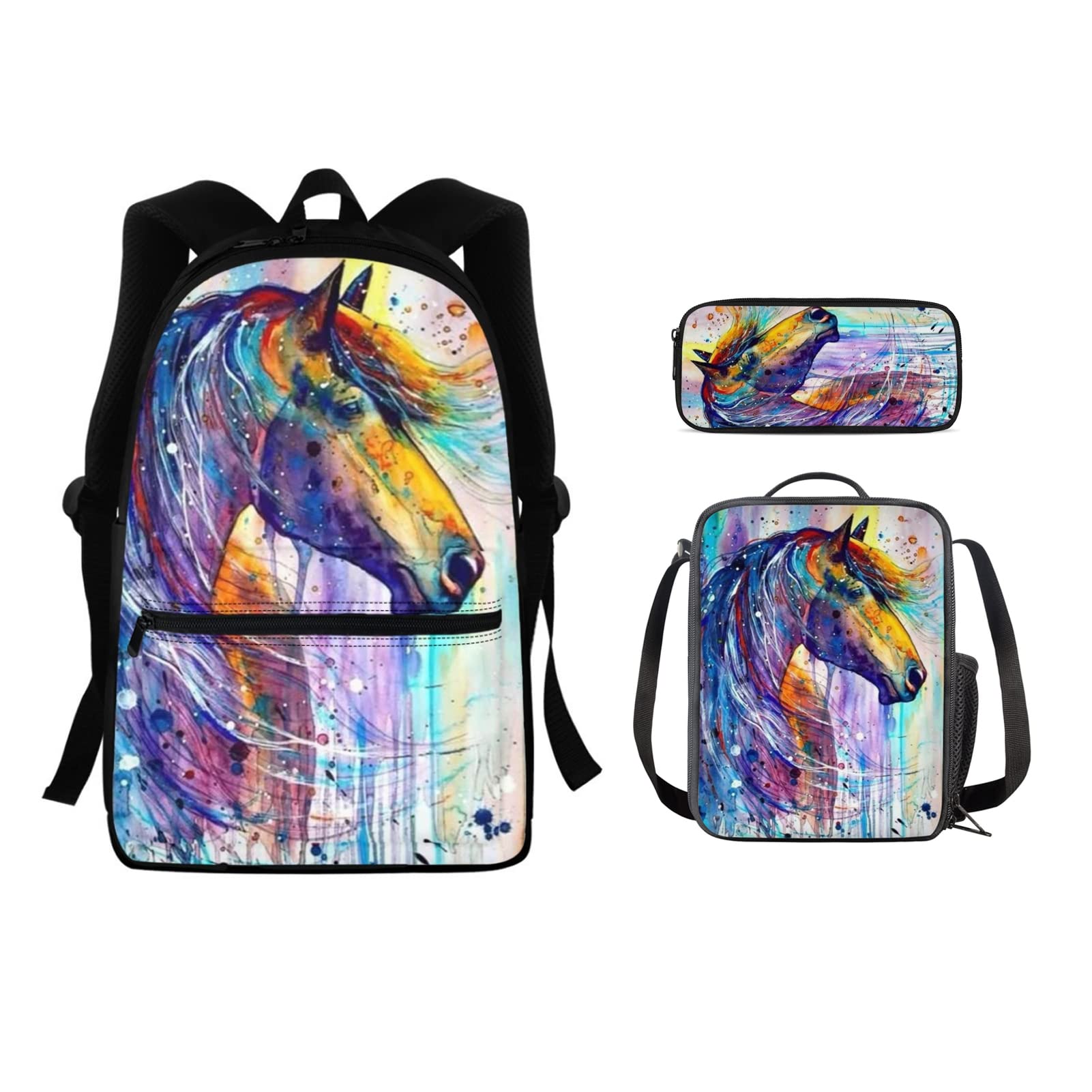 Pensura Kids School Backpack for Boys - Horse Print Lightweight Backpack with Insulated Lunch Bag & 3 Pencil Cases - Perfect for Kindergarten, Preschool, Elementary School & Travel Daypacks