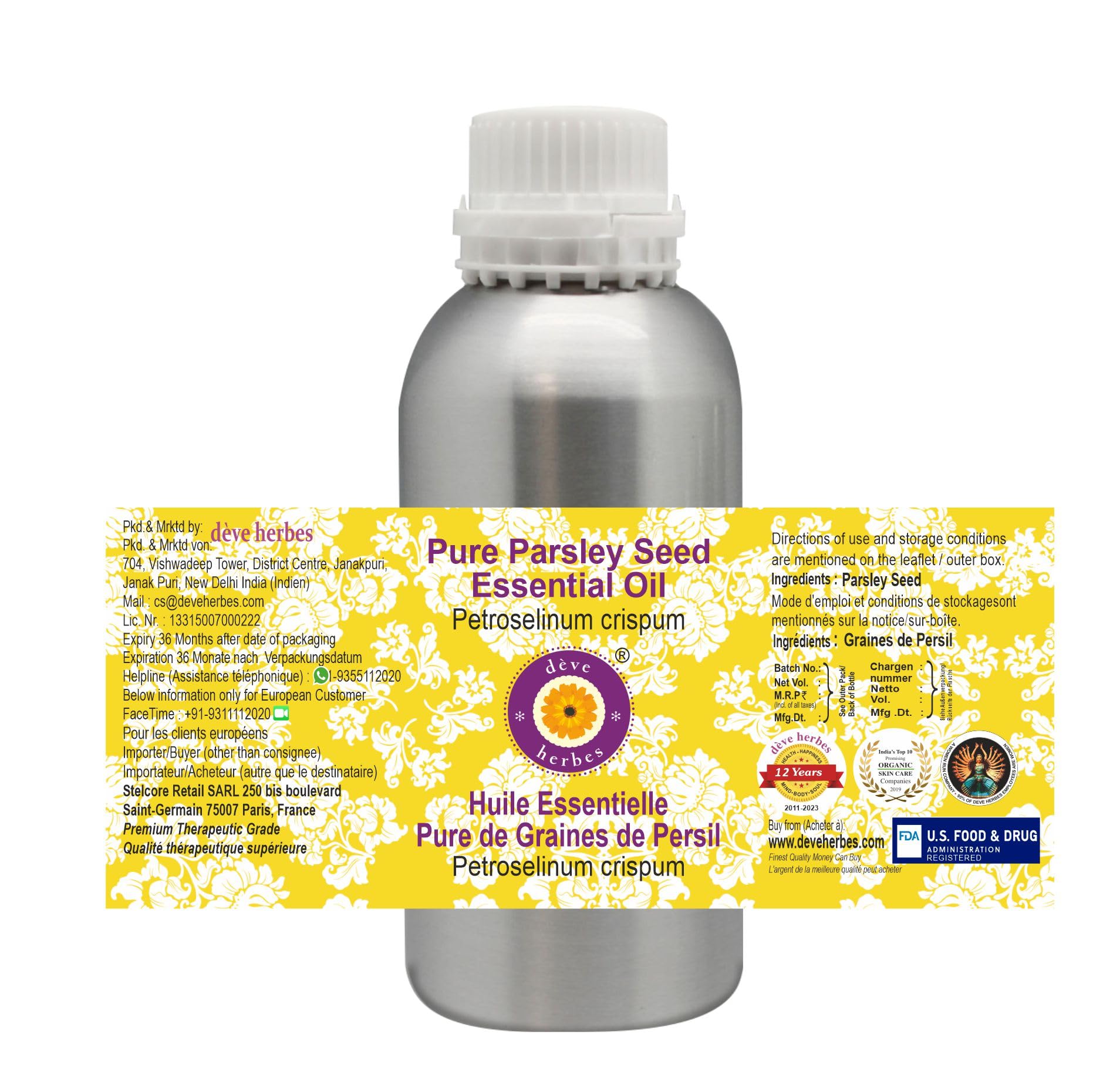 Deve Herbes Pure Parsley Seed Essential Oil (Petroselinum crispum) - 42oz (1250ml) Steam Distilled for Aromatherapy, Skincare & Hair Care