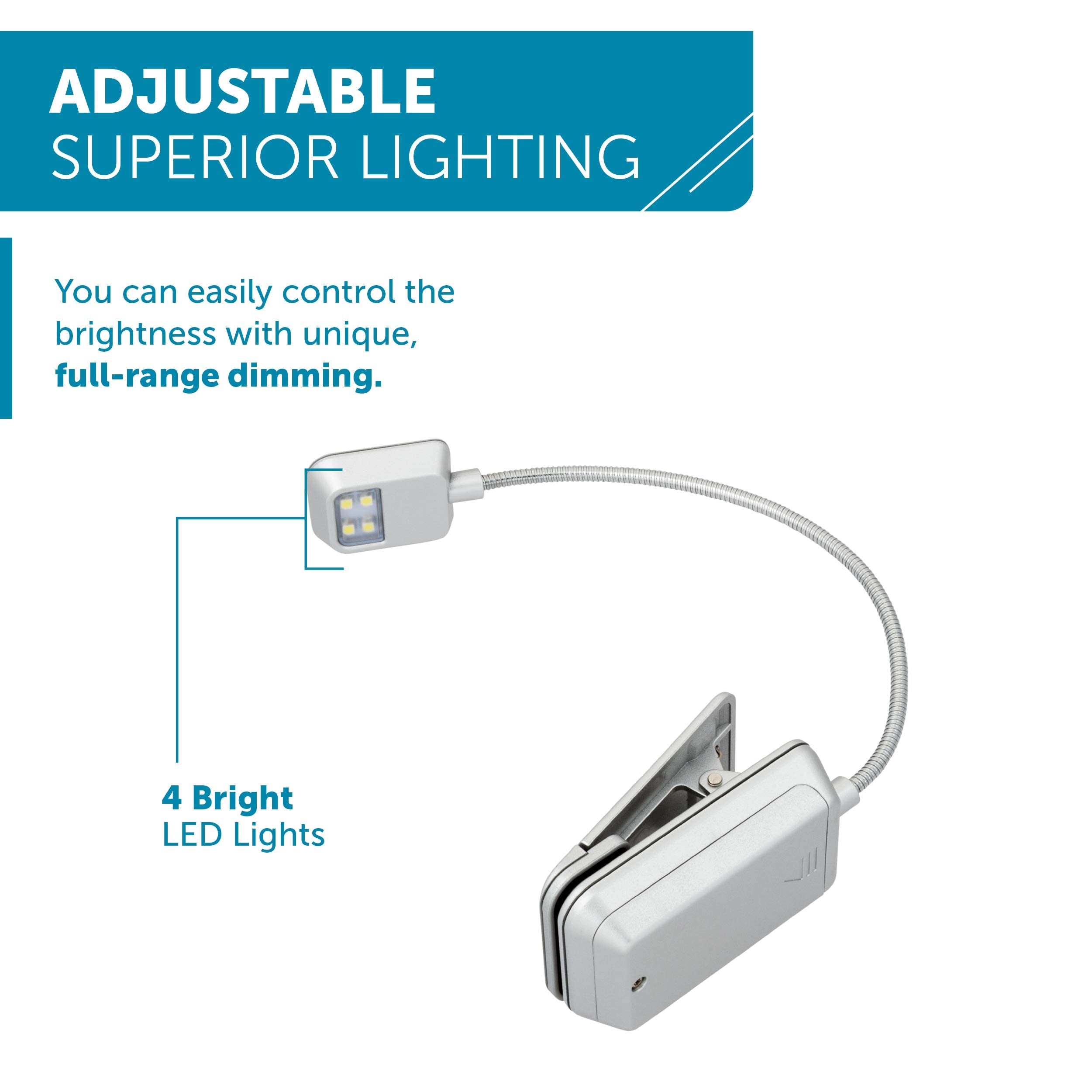 WITHit Quad Clip On Book Light - Silver - Adjustable LED Reading Light for Books & eBooks, Dimmable Brightness, Portable Bookmark Light for Adults (Batteries Included) - Perfect for Night Reading, Studying, Travel & Bedtime Use