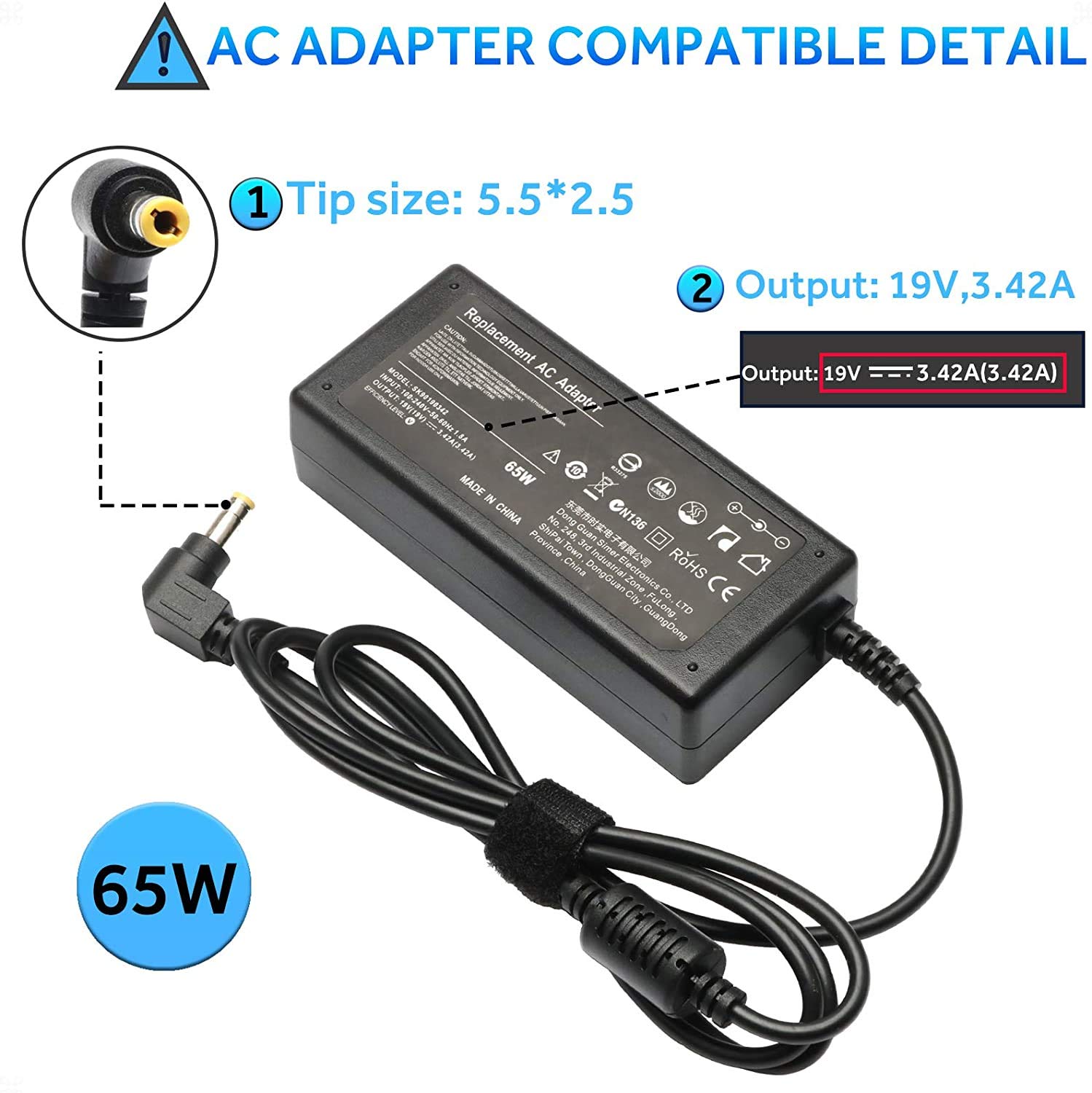 Original Power Adapter Charger for Toshiba Satellite C855D-S5103 C855D-S5105 C855D-S5106 C875-S7132NR C875D-S7105 S875-S7136 Laptops - Replacement AC Charging Cord with Worldwide Compatibility - Perfect for Home, Office & Travel Use