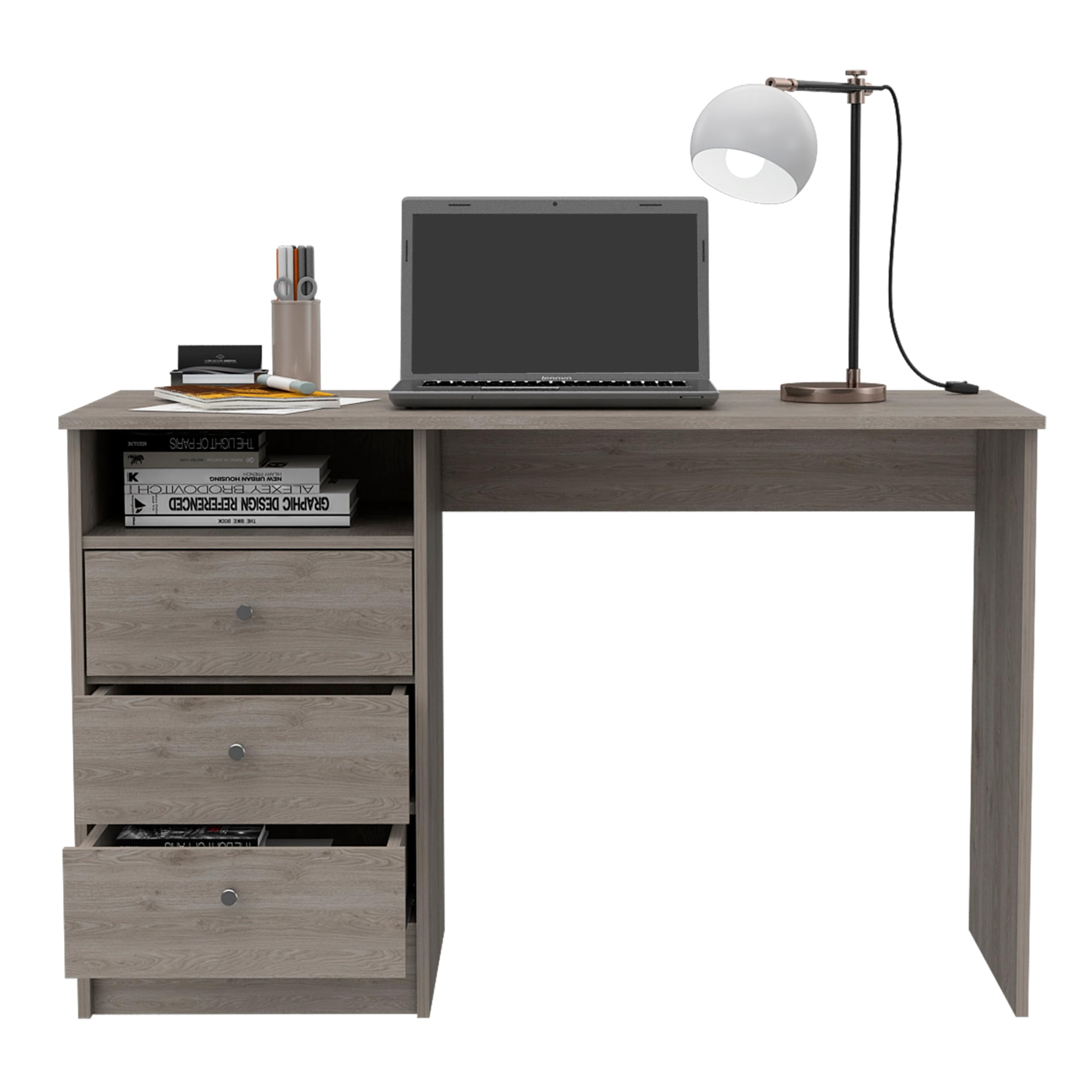 Tuhome Andalucia 3-Drawer Computer Desk with Shelf - Light Gray Home Office Desk for Small Spaces, Study & Workstation