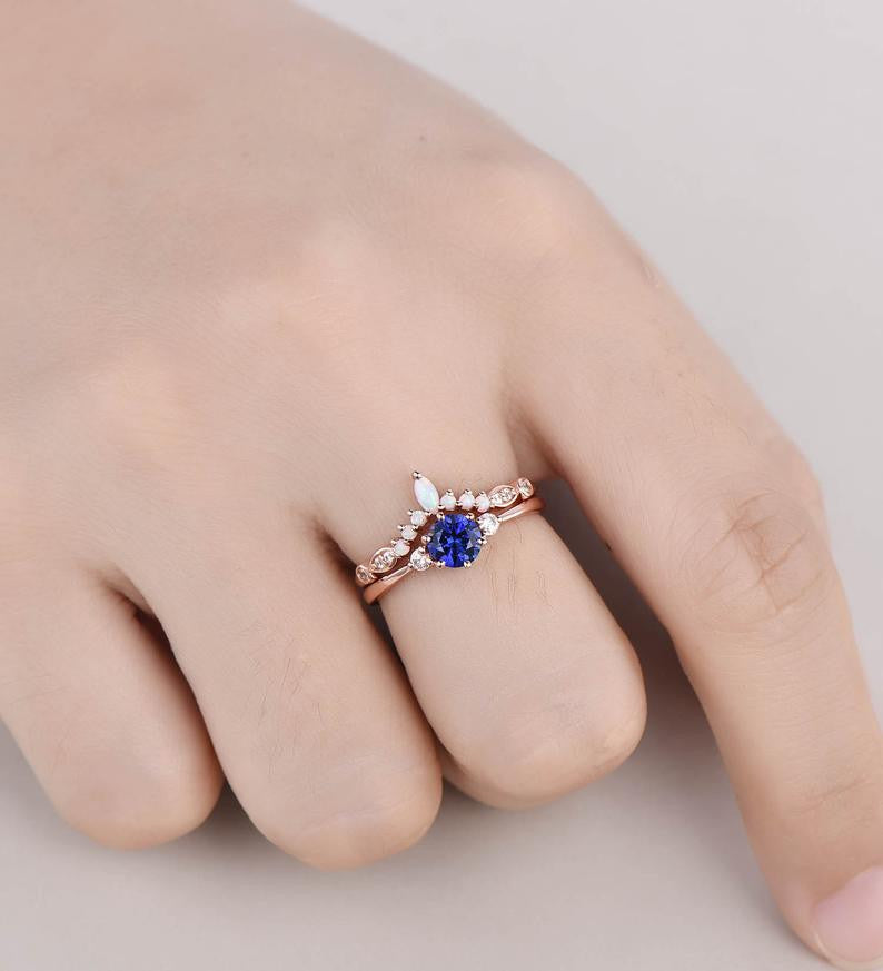 Sapphire Selene Diamond Ring & Opal Stackable Band Set – 2-Piece Wedding & Anniversary Jewelry for Women | Perfect for Bridal, Engagement, and Special Occasions