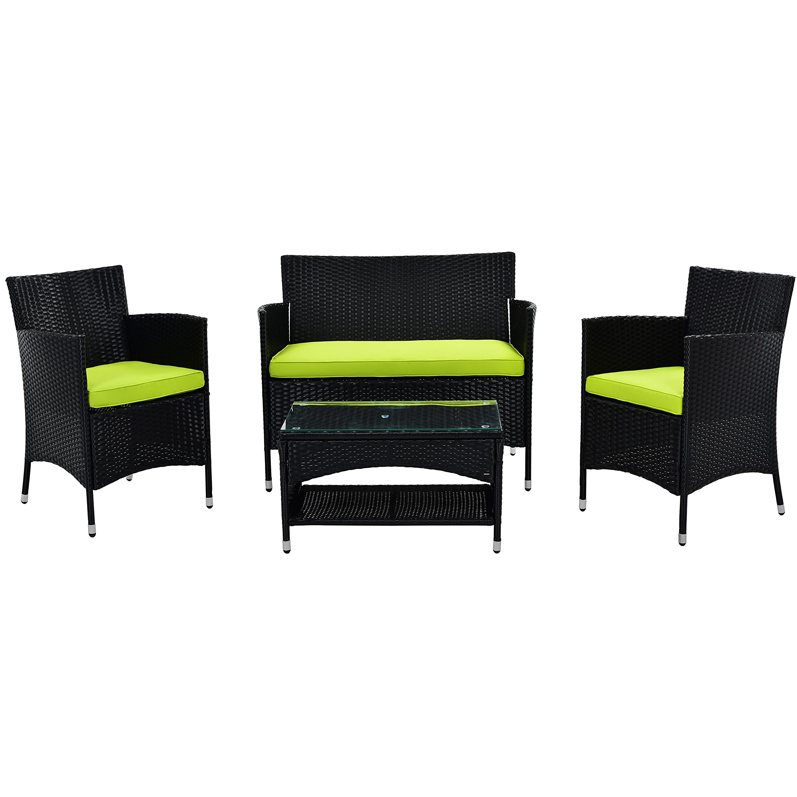 4-Piece All-Weather Wicker Patio Furniture Set - Outdoor Garden Conversation Sofa with Removable Zippered Cushions (Green) - Perfect for Backyard, Poolside, and Terrace Relaxation