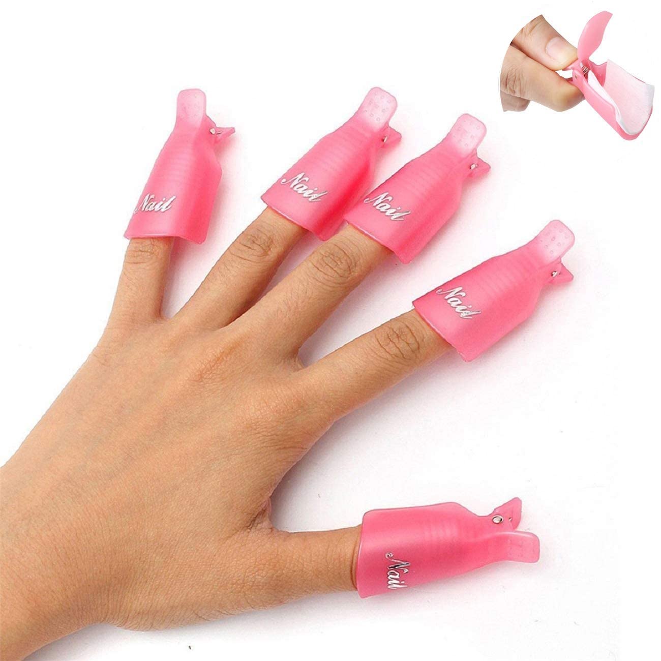 THR3E STROKES 10-Piece Plastic Acrylic Nail Art Soak Off Cap Clips - UV Gel Polish Remover Wraps for Manicure & Pedicure - Pink Nail Care Tools for Salon & Home Use