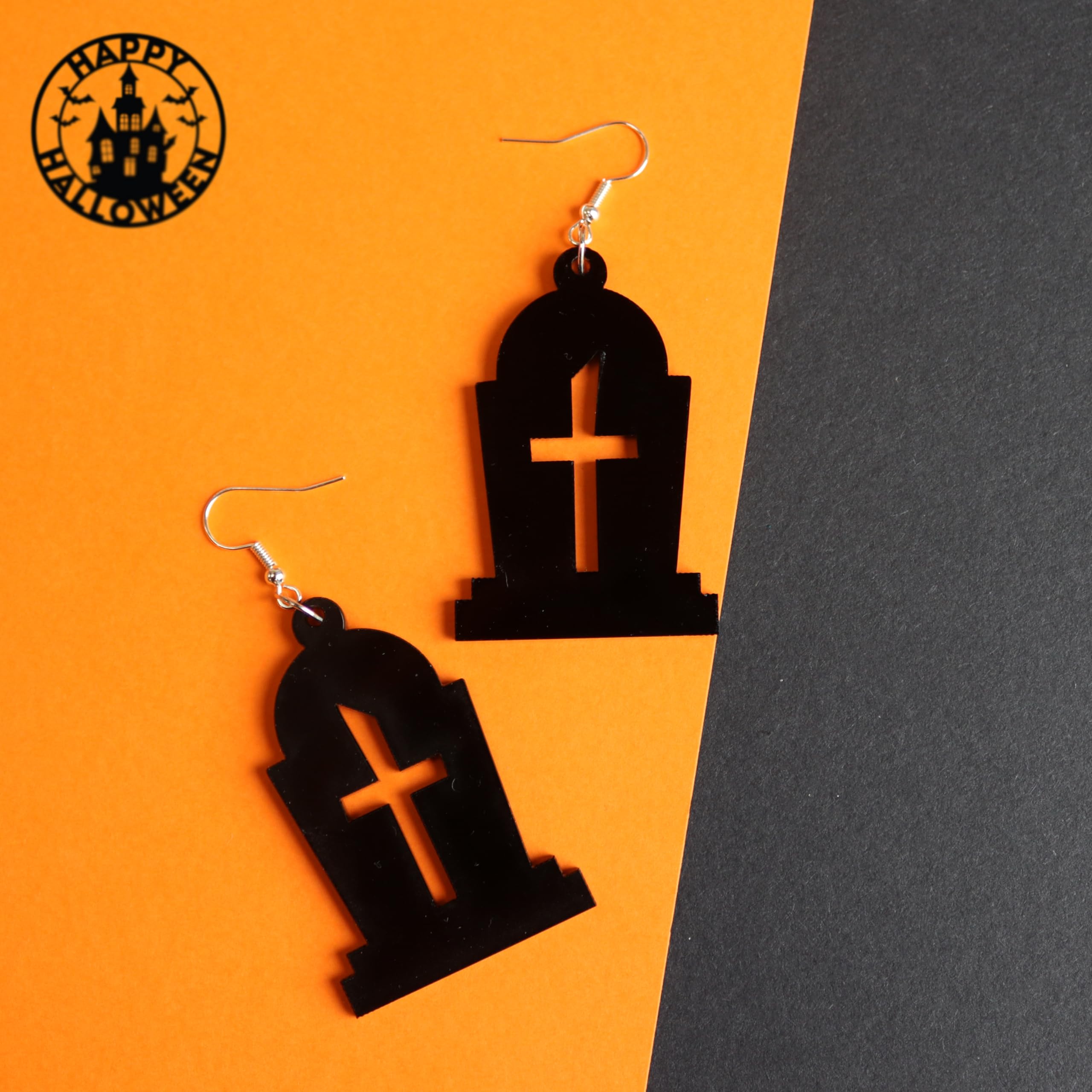 Spooky Halloween Tombstone Earrings - Handmade Recycled Acrylic Dangly Jewelry for Women | Gothic Accessories for Halloween Party, Costume Cosplay & Witch Theme Events | Unique Spooky Gift for Horror Fans