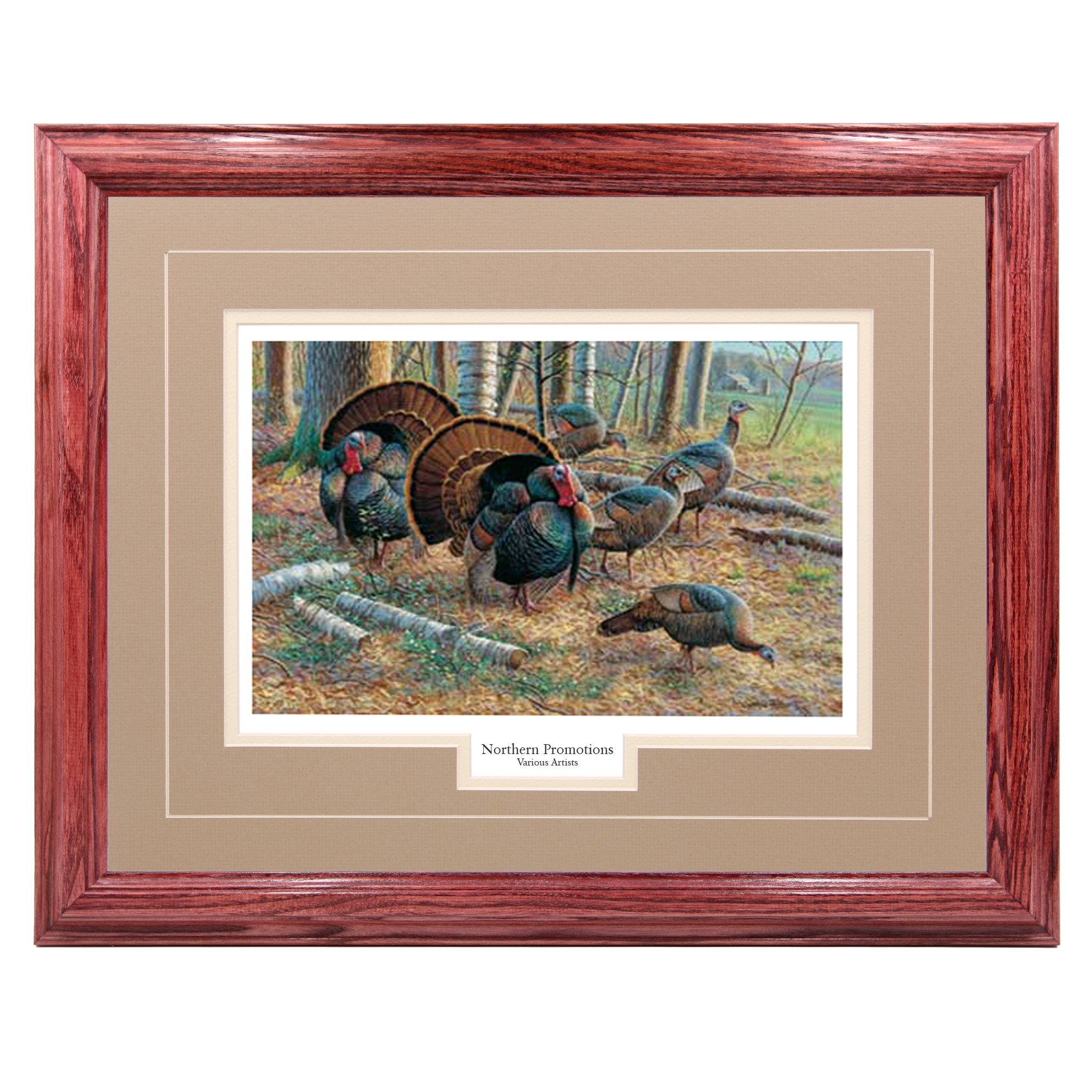 Turkey Spring Strut Wall Art - Hardwood Framed Wildlife Hunting Decor Painting with Cherry Wood Frame & Beige Mat - 17x21 Inches - Perfect for Cabin, Lodge, or Hunting Room Decor