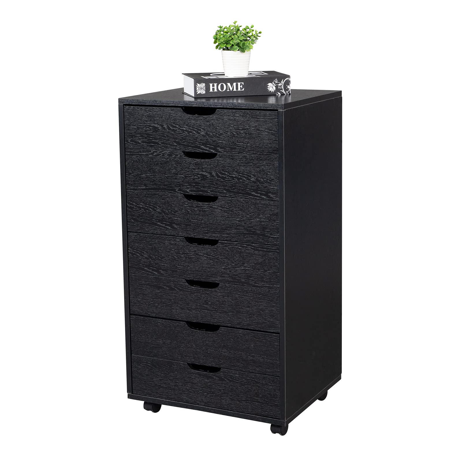 GUOXY 7-Drawer Wooden File Cabinet with Wheels, Mobile Storage Organizer for Office, Home & Closet - Black (Perfect for Document Storage, Office Supplies & Home Organization)