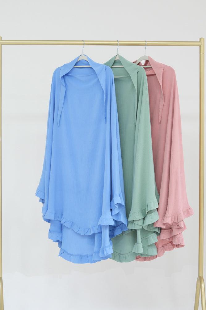 Light Blue One Layer Ruffle Edge Khimar Hijab for Women - Modest Muslim Prayer Scarf - Perfect for Daily Wear, Mosque Visits & Special Occasions