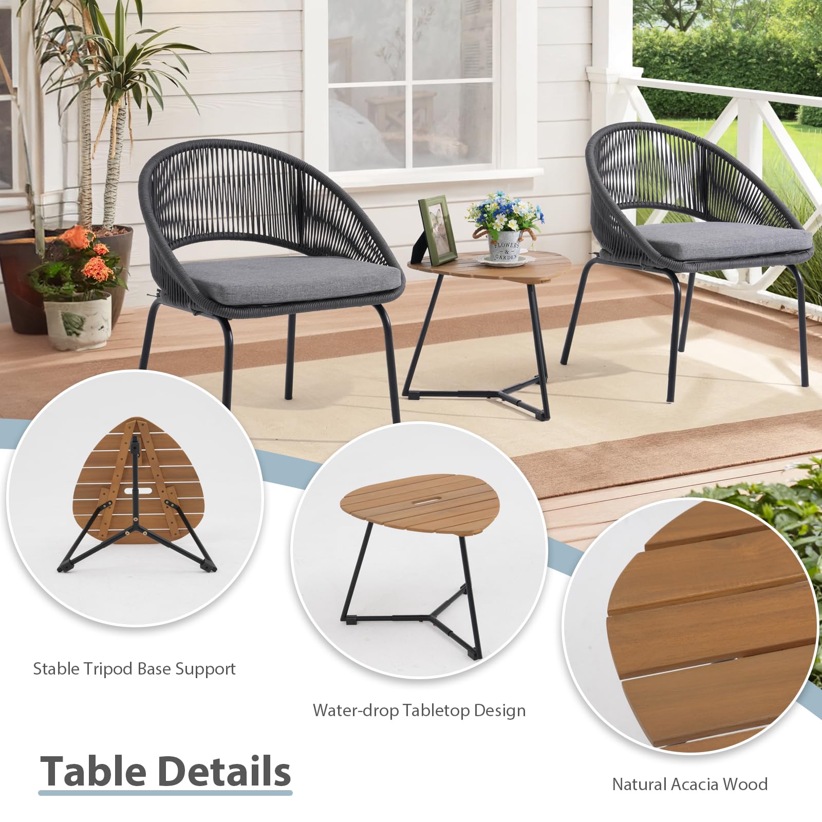 Yangming 3-Piece Outdoor Patio Furniture Set - Woven Rope Bistro Chairs with Wood Coffee Table for Garden, Backyard, Deck, Poolside & Balcony - Perfect for Relaxing, Entertaining & Outdoor Dining