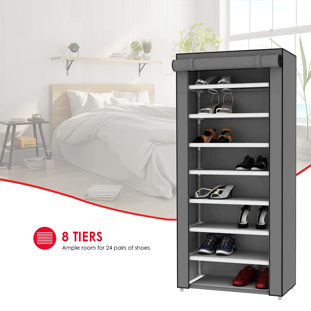 Sunbeam 7-Tier Portable Wardrobe Storage Closet - Heavy Duty Non-Woven Shoe Rack & Clothing Organizer with Roll-Down Cover (Grey) - Fits 24 Pairs of Shoes - Perfect for Bedroom, Closet, Dorm Room & Small Space Organization