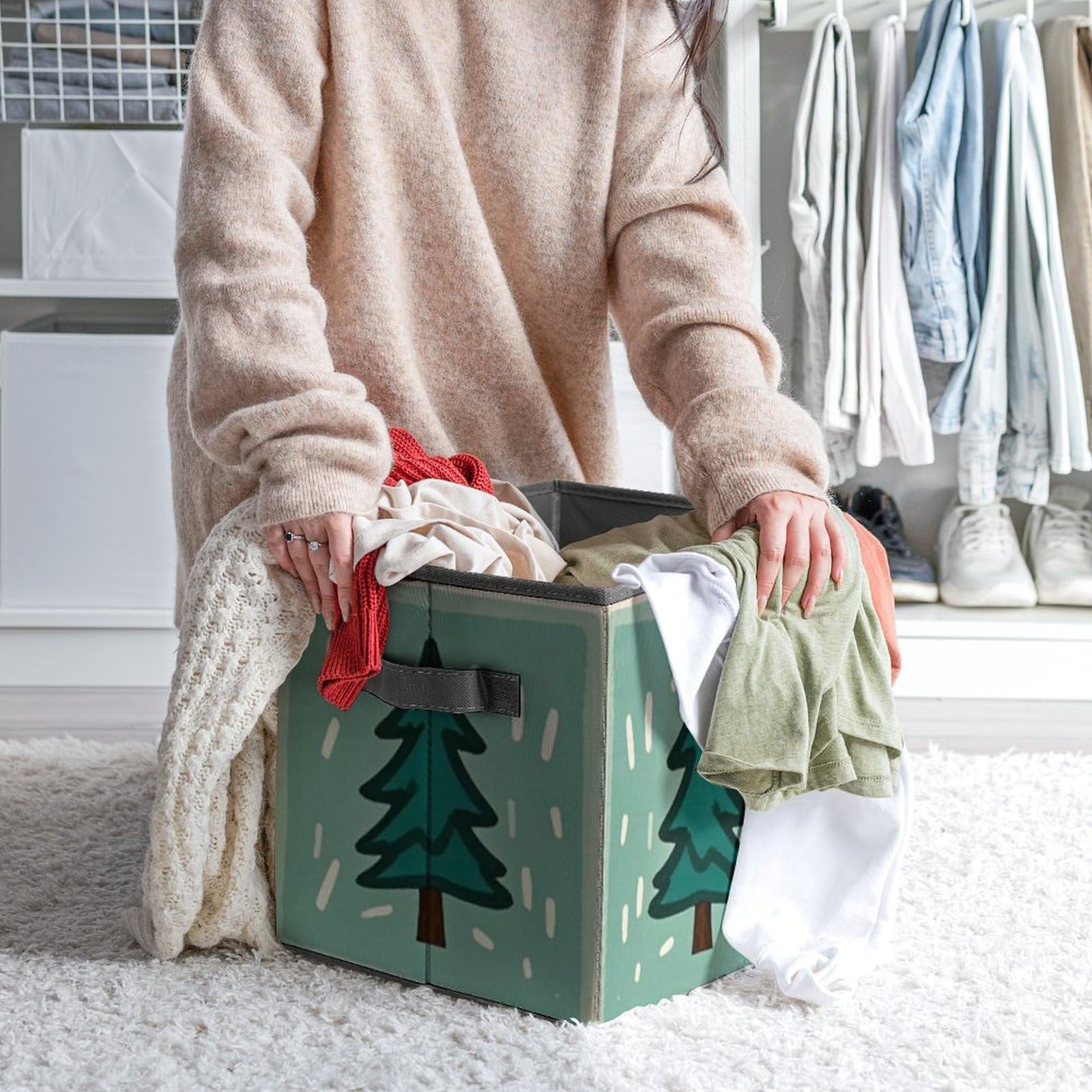 Foldable Storage Bins with Grid Design & Pine Print - Dual Handle Collapsible Storage Box for Closet, Bedroom, Office & Outdoor Use | Perfect for Organizing Toys, Clothes & Home Essentials