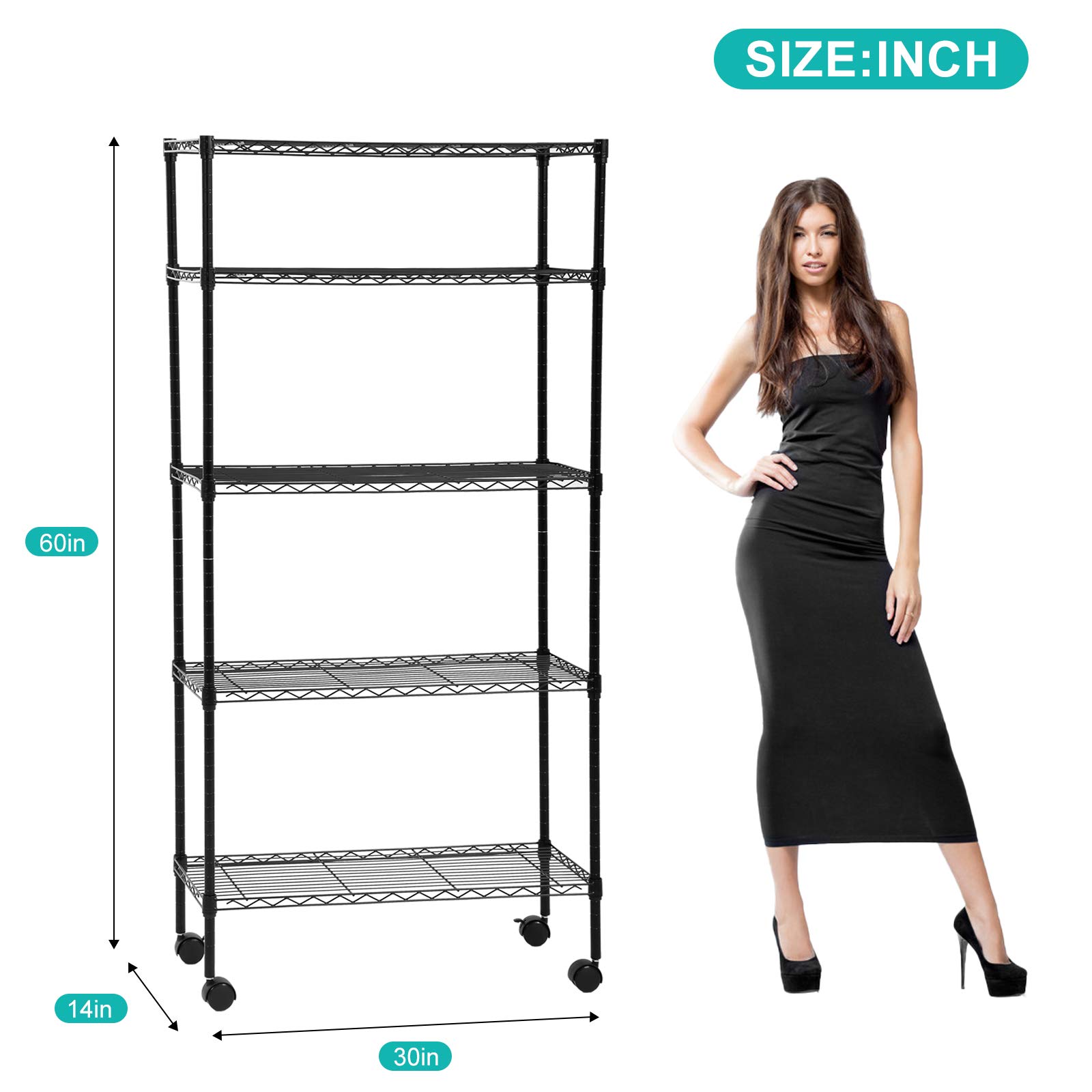 5-Tier Heavy Duty Metal Storage Shelves with Wheels - 30