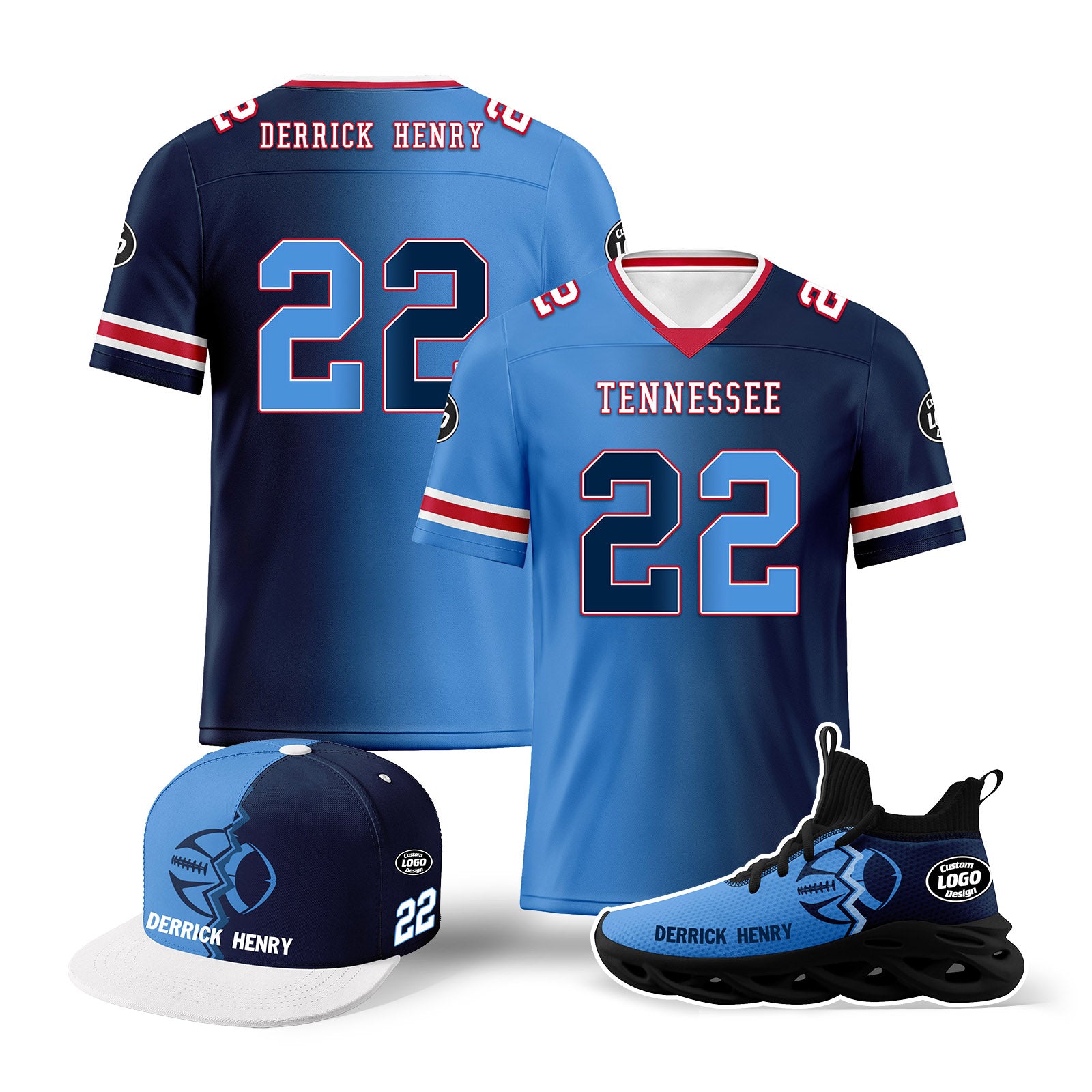Custom Tennessee Football Jersey & MaxSoul Shoes Combo - Deep Blue & Light Blue Personalized Sports Outfit for Fans | Game Day, Tailgating & Fan Gear Collection