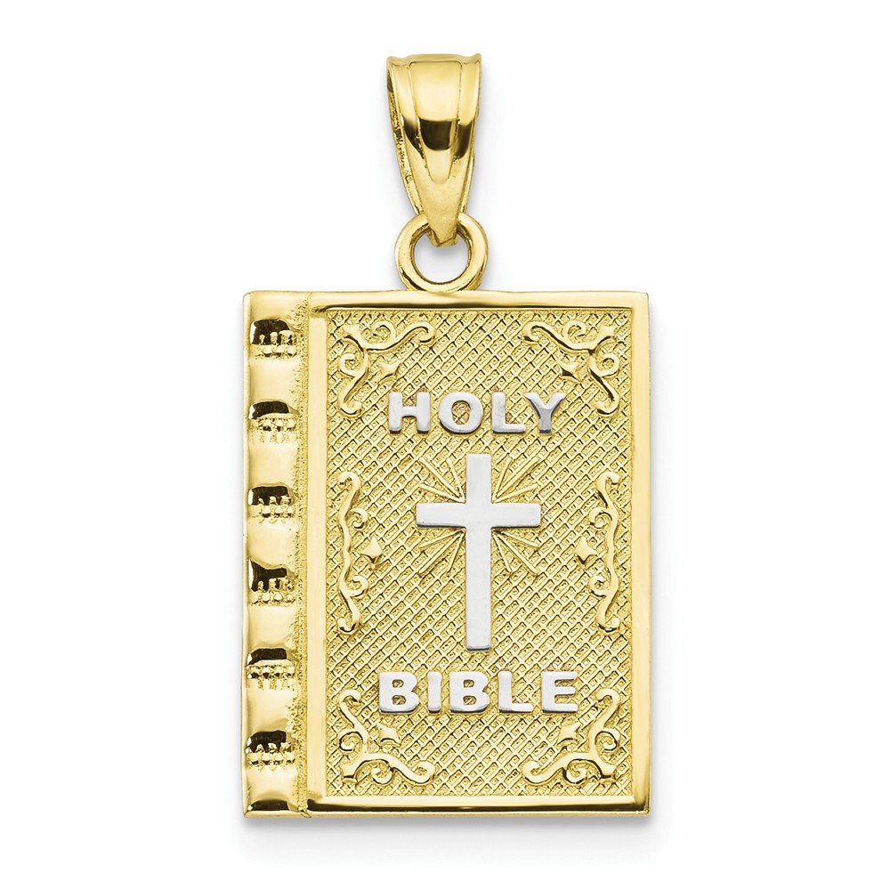 10K Yellow Gold Two-Tone Holy Bible Charm Pendant Necklace - 23mm x 13mm - Religious Jewelry Gift for Baptism, Confirmation & Christian Faith