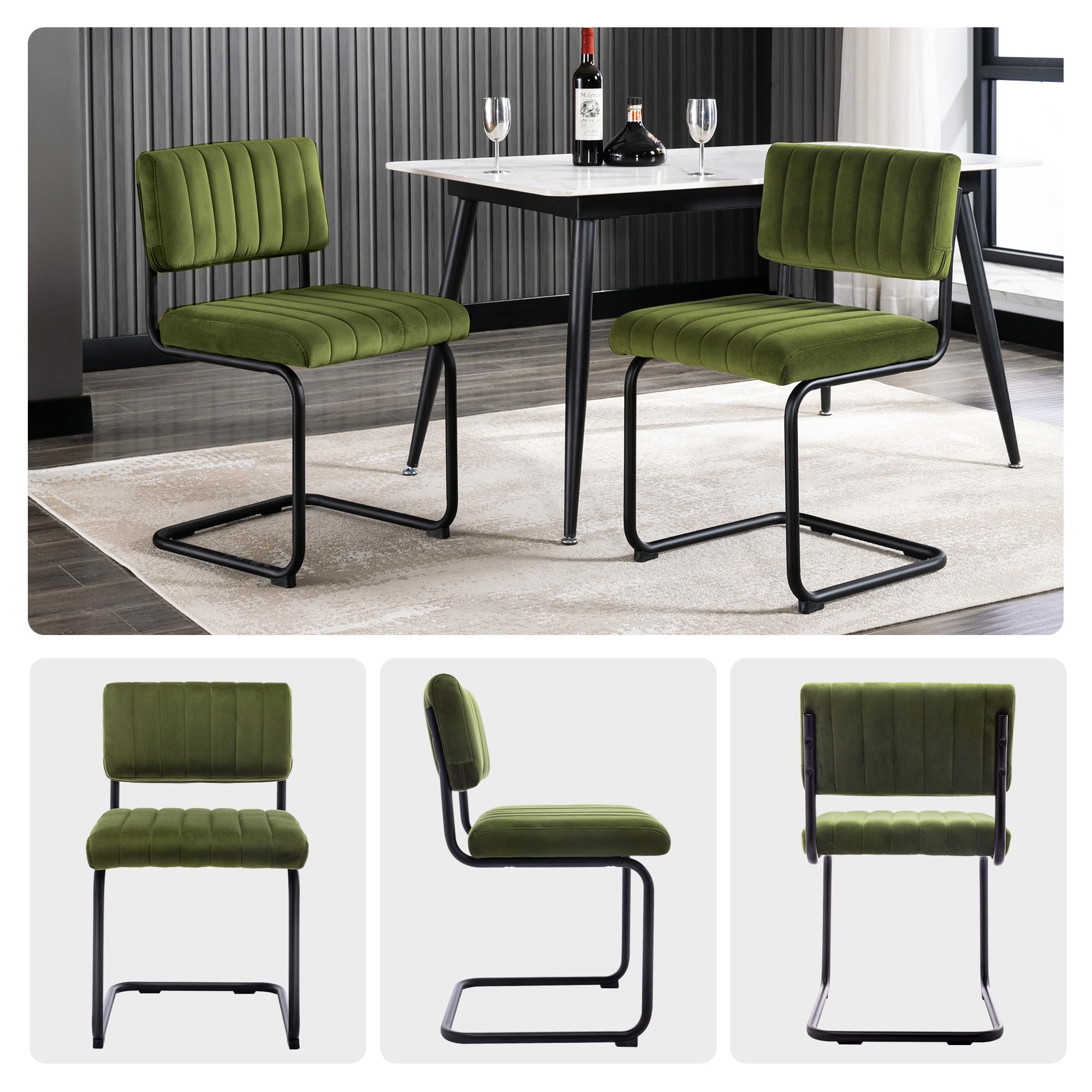 ONEVOG Mid Century Modern Dining Chairs Set of 2 - Green Velvet Upholstered Kitchen Chairs with Tufted Backs, Wide Seat & Metal Legs - Stylish Armless Cantilever Chairs for Dining Room, Kitchen, Living Room & Office