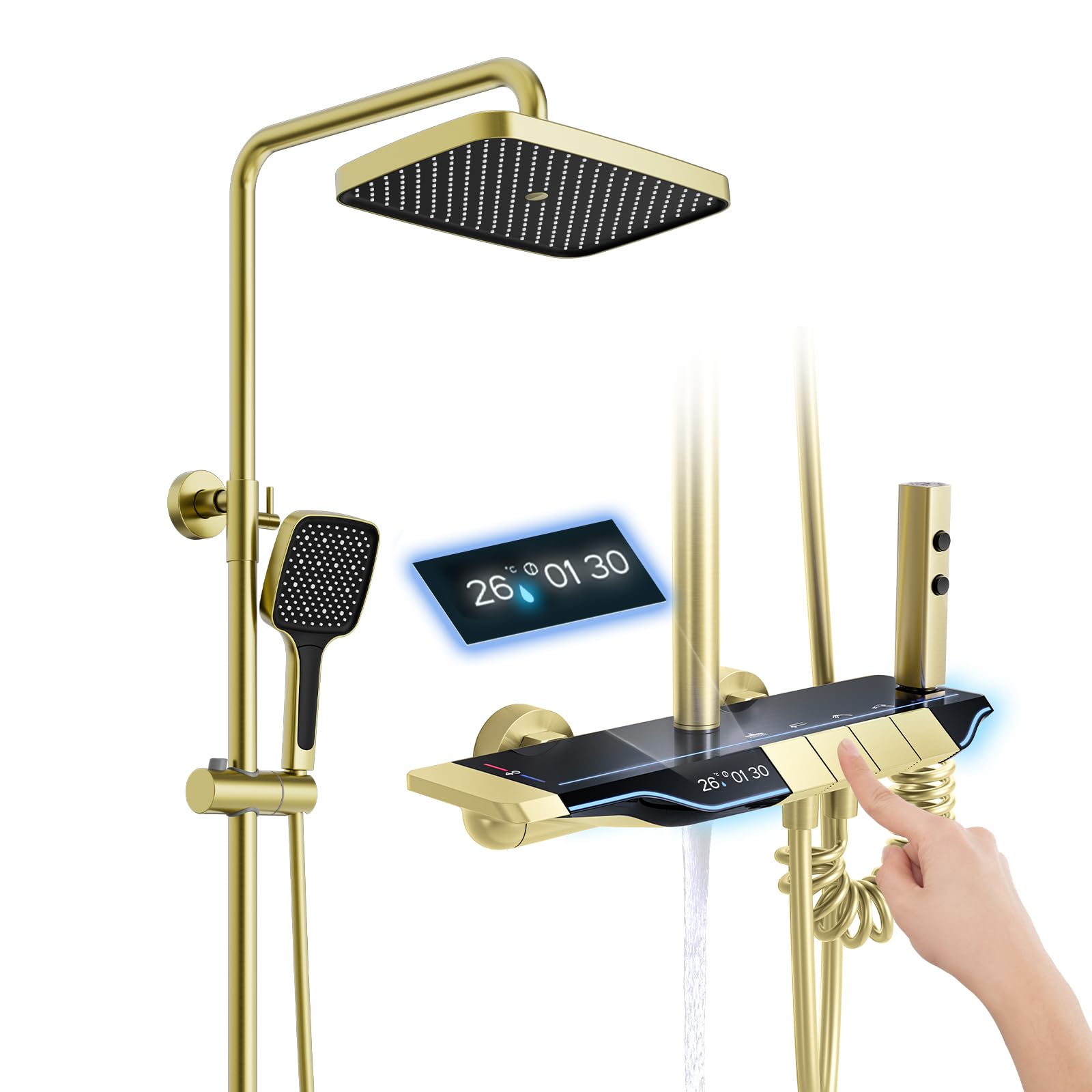 Brushed Gold Thermostatic Shower System Set - Adjustable Rainfall Shower Column with 310mm Shower Head, 3-Function Hand Shower & Bidet | Perfect for Modern Bathrooms, Spa-Like Experience, Water Saving