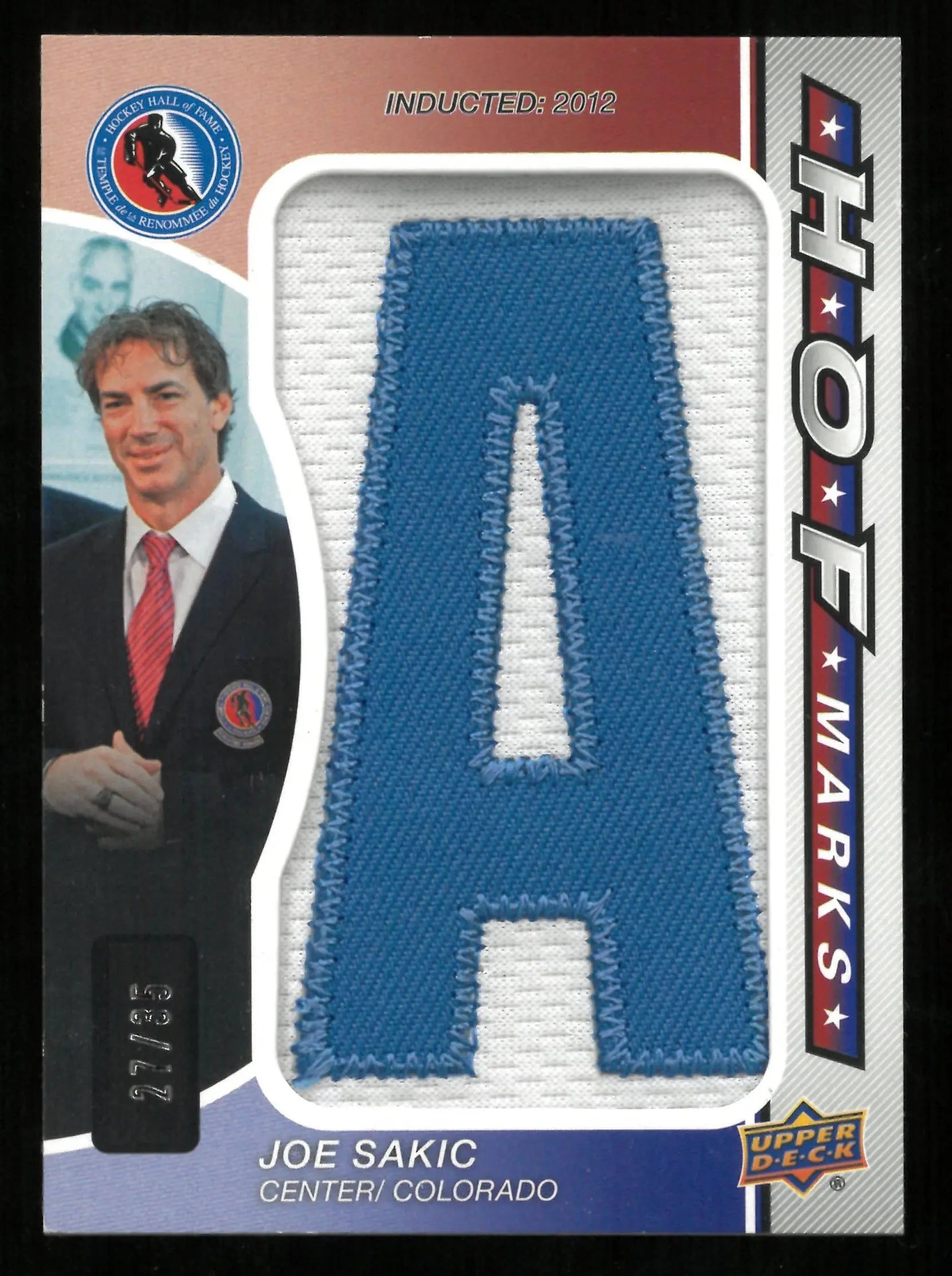 2024 Upper Deck SP Game Used Joe Sakic Hall Of Fame Marks Letter A /35 - Rare Hockey Collectible for NHL Fans & Sports Memorabilia Collectors - Perfect for Display, Investment & Gifting