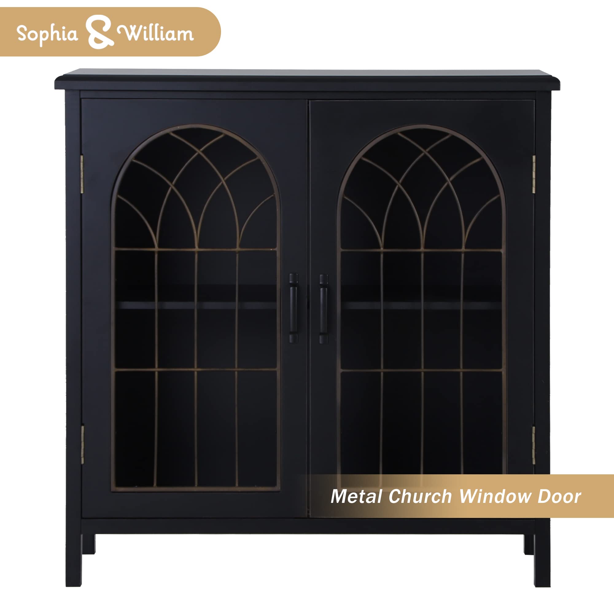 Sophia & William Sideboard Buffet Cabinet - Modern Accent Storage with Metal Church Window Doors for Kitchen, Dining Room & Entryway - Dark Grey Finish | Perfect for Home Decor, Entertaining & Organization