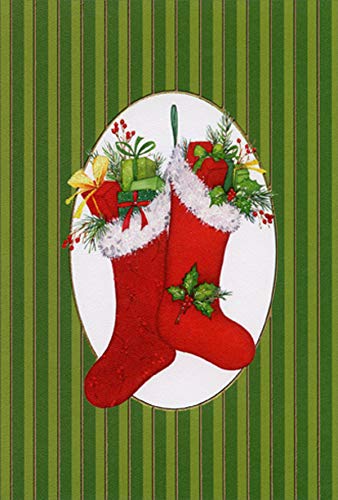 Pictura Stockings with Vertical Green and Gold Stripes - Elegant Christmas Holiday Cards for Parents - Perfect for Family Greetings, Festive Decor & Gift Giving