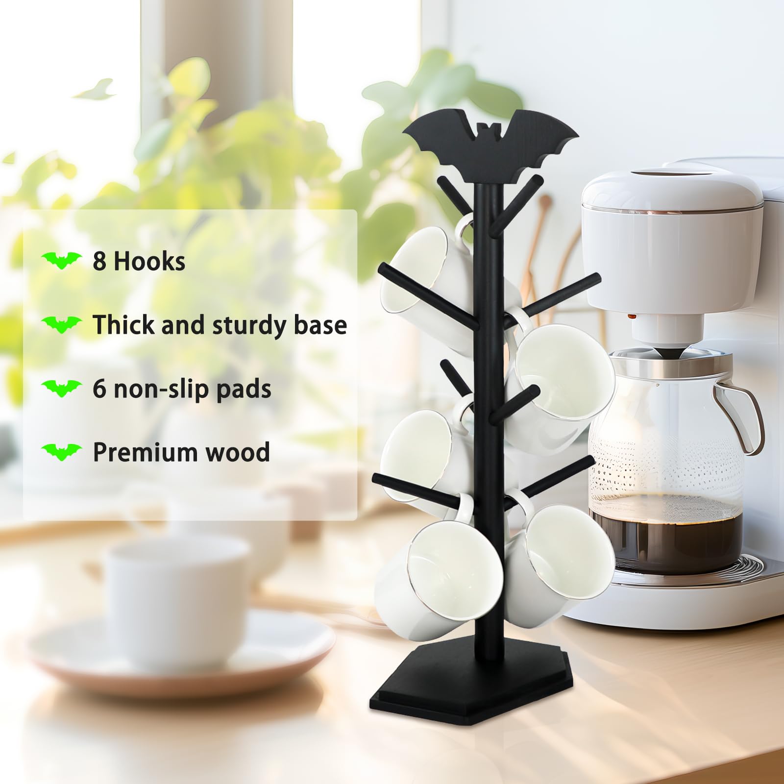 Gothic Black Bat Mug Holder Tree with 8 Hooks - Wooden Coffee Cup Rack for Kitchen Countertop - Halloween Decor & Coffee Bar Organizer - Perfect for Home, Office, and Halloween Party Decorations