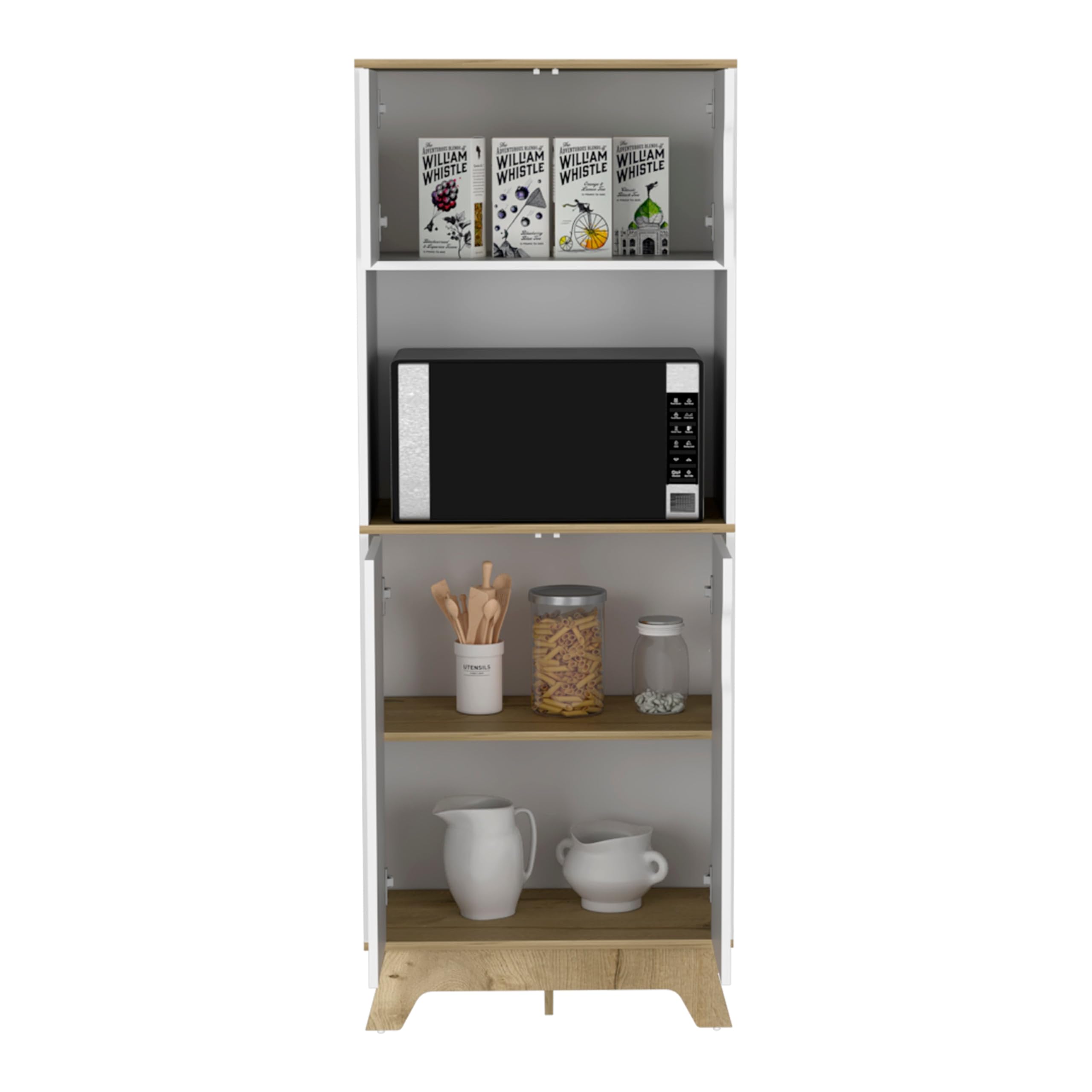 Tuhome Pamplona Microwave Tall Cabinet with Double Doors - Light Oak/White Finish - Perfect for Kitchen Storage & Countertop Organization