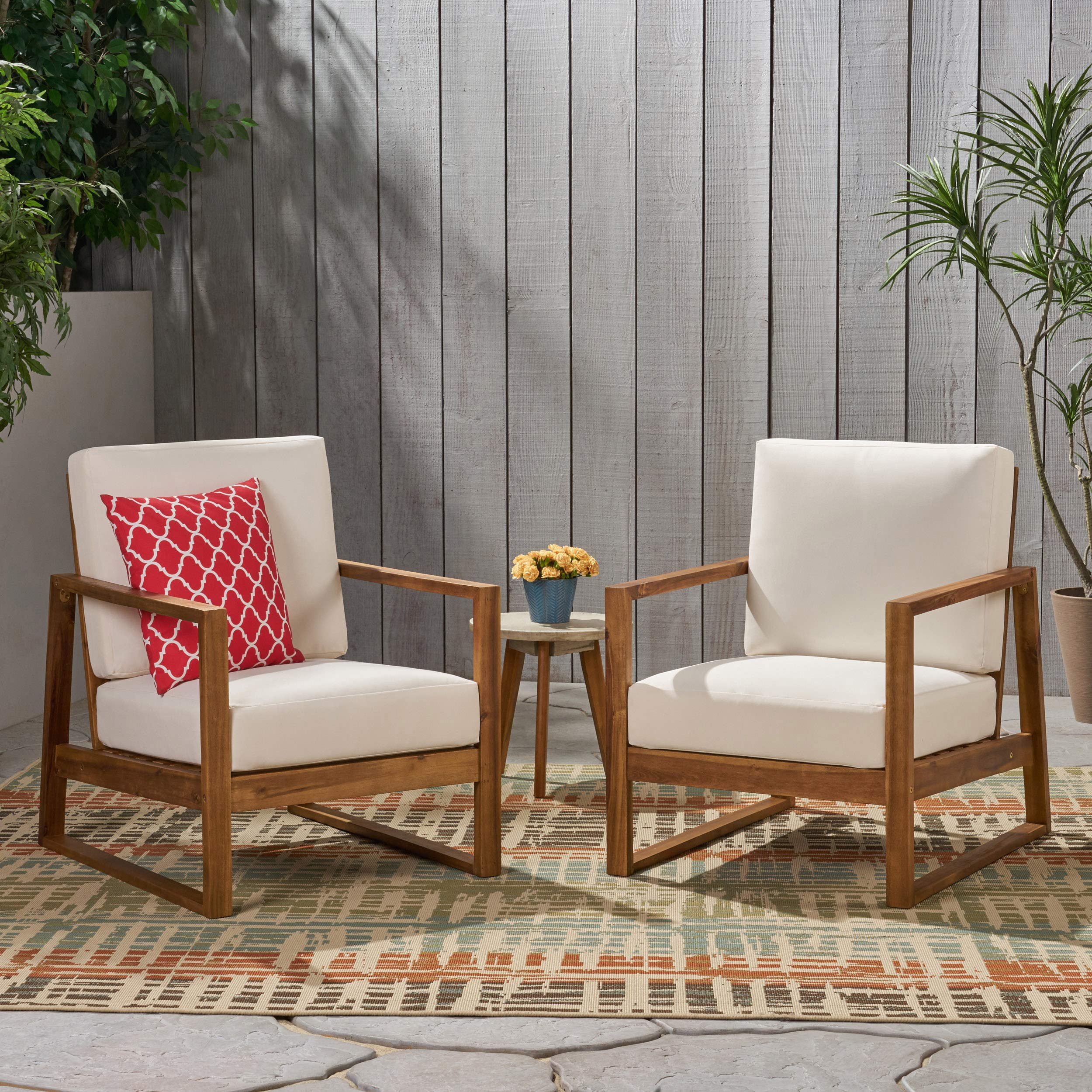 Premium Acacia Wood Outdoor Club Chairs with Cushions (Set of 2) - Weather-Resistant Beige Patio Furniture for Garden, Poolside & Backyard Relaxation