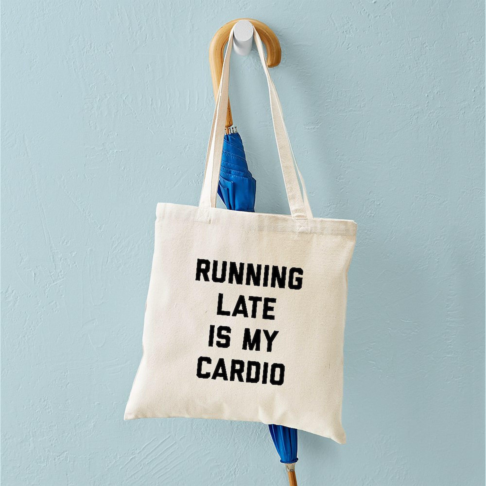 Running Late Is My Cardio Tote Bag - Natural Canvas Reusable Shopping Bag for Gym, Work & Groceries - Funny Gym Tote for Women & Men