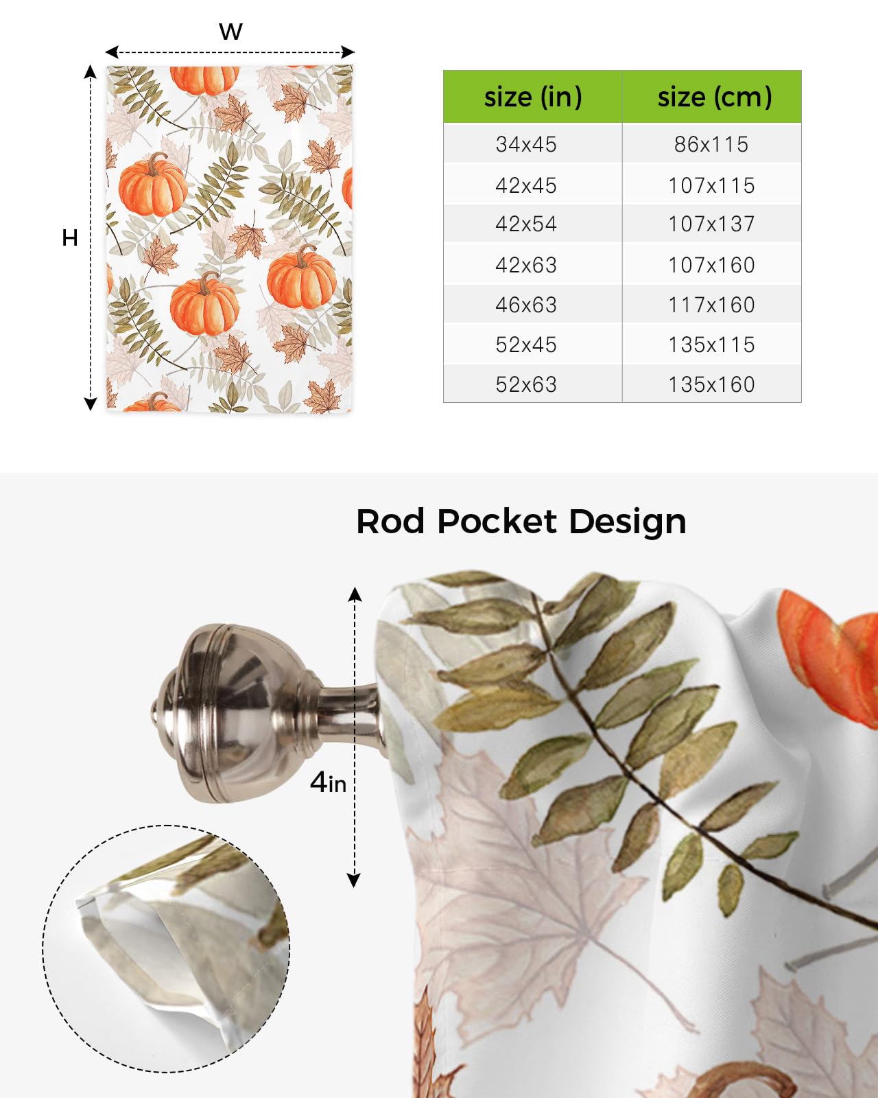 Thanksgiving Window Curtains - Orange Pumpkin & Maple Leaf Thermal Insulated Balloon Shade with Adjustable Rod Pocket, 42x45 Inches - Perfect for Kitchen, Bathroom & Café Decor During Fall Season