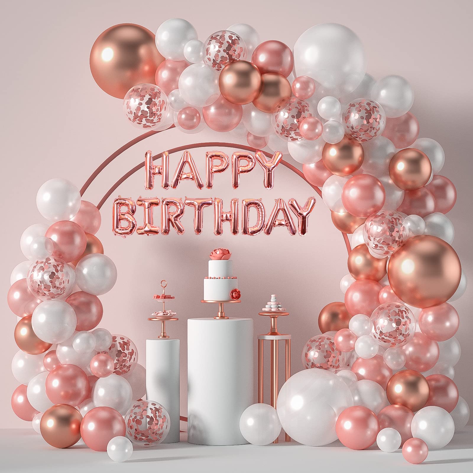 Janinus Rose Gold Balloons Garland Arch Kit - 5/12/18 Inch Rose Gold & White Confetti Balloons for Birthday, Engagement, Wedding Decorations | Perfect for Women, Girls, Princess Theme Parties & Bridal Showers