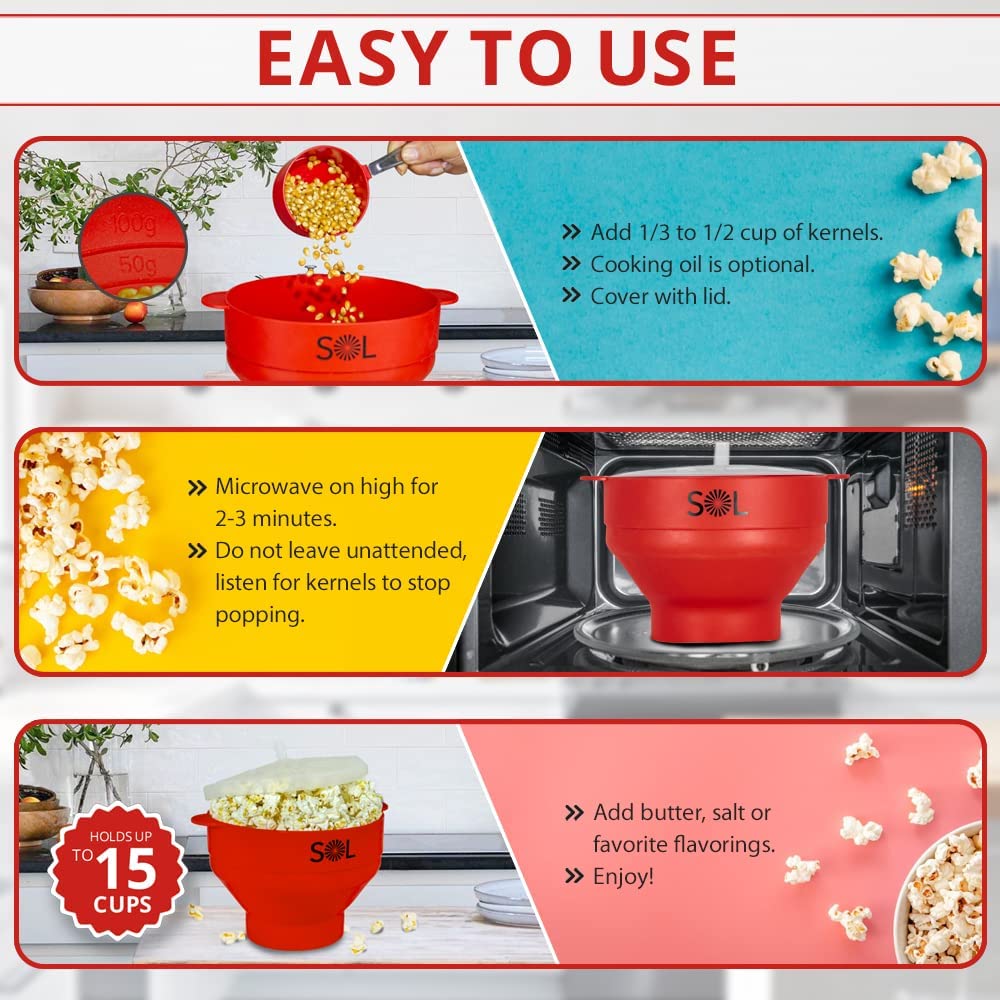 BPA-Free Silicone Popcorn Maker with Lid - Heat-Resistant, Collapsible Microwave Bowl (10x8x6 Inches) - Red - Perfect for Movie Nights, Snacks & Healthy Homemade Popcorn