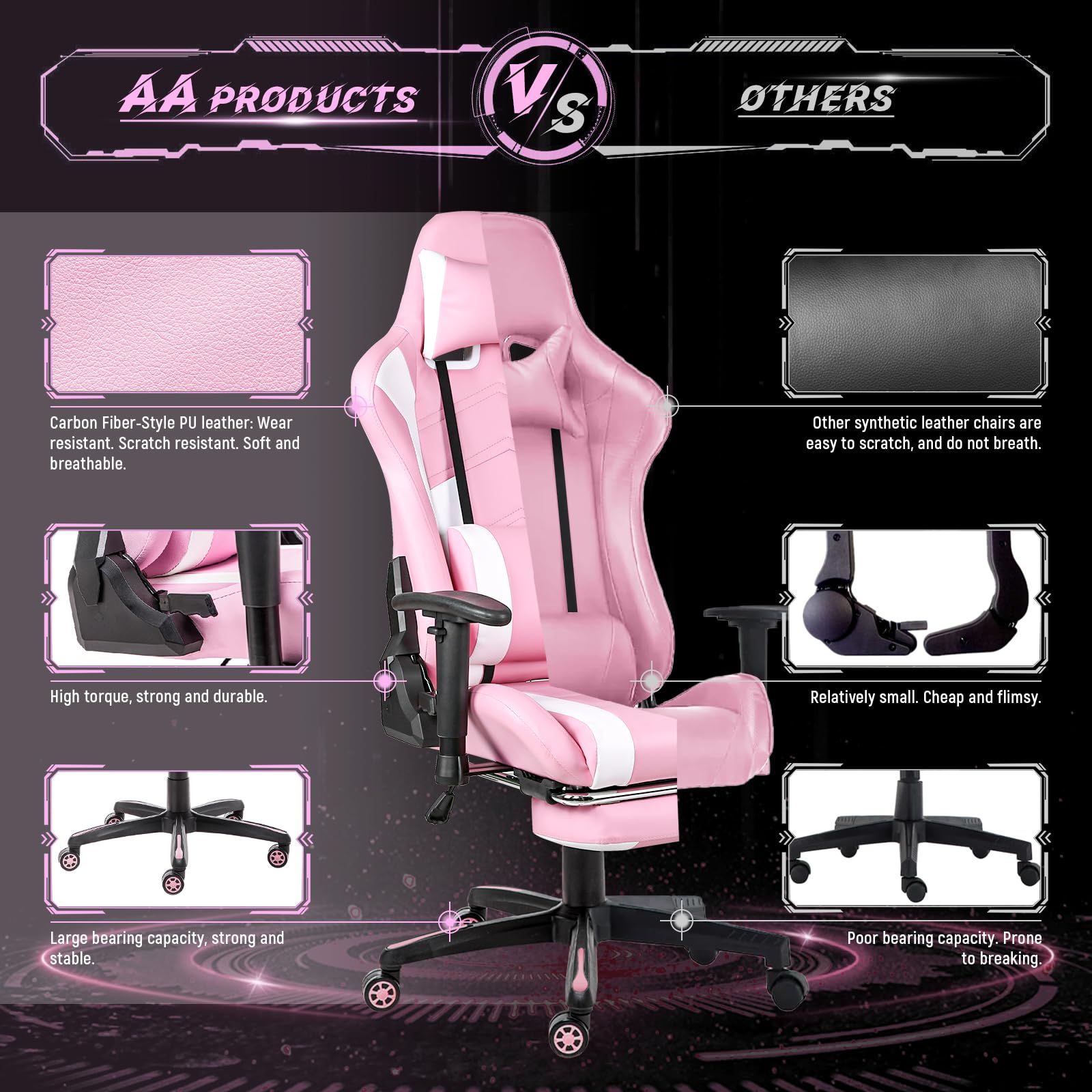 Ergonomic Gaming Chair High Back Racing Office Chair with Adjustable Height, Footrest & Lumbar Support - White & Pink - Perfect for PC Gaming, Esports, Home Office & Streaming Setup