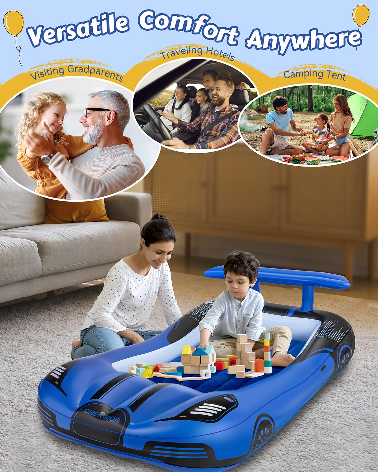 Inflatable Toddler Travel Bed with Safety Bumpers - Portable Racecar Air Mattress for Kids with Electric Pump | Perfect for Travel, Camping, Sleepovers & Vacation Gifts | Durable & Comfortable for Indoor & Outdoor Use