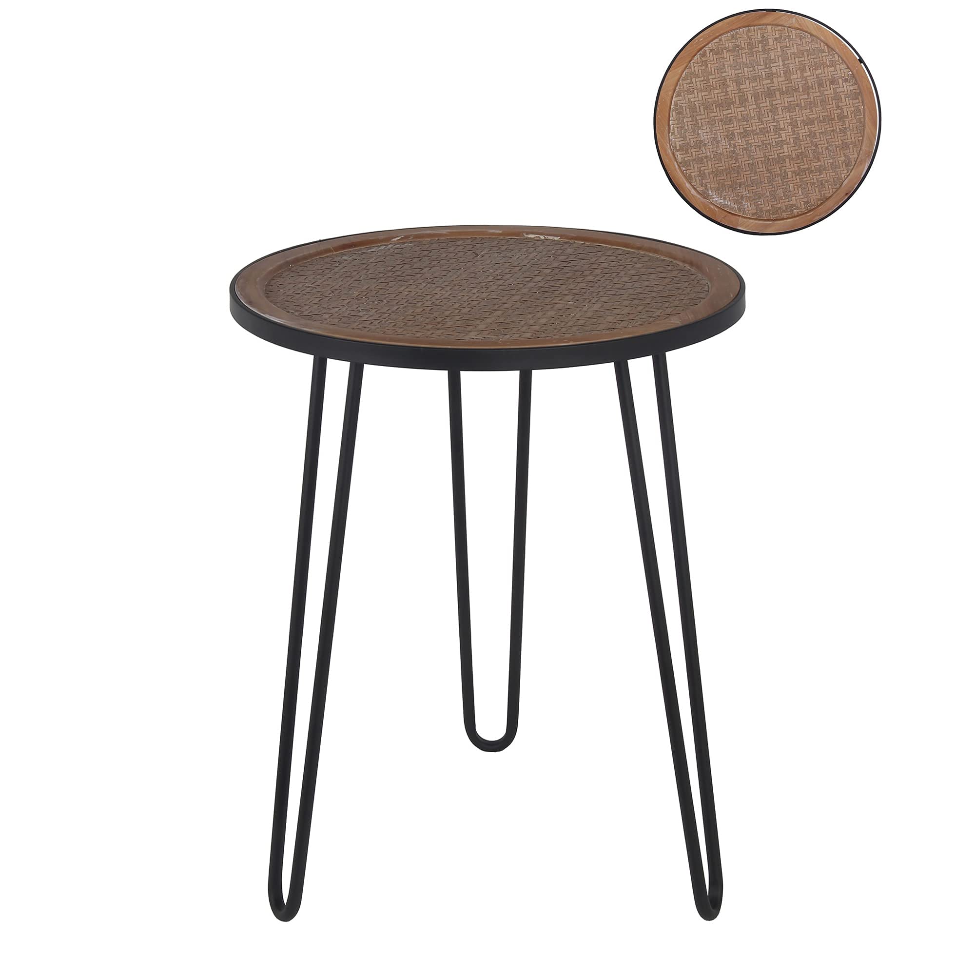 Benjara 24 Inch Round Metal Accent Table with Vinyl Weaving in Brown & Black - Perfect for Living Room, Patio, or Outdoor Decor