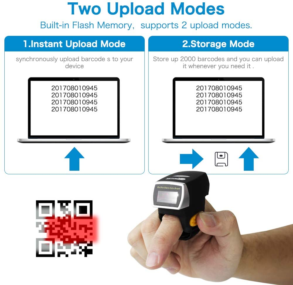NT R2 2D Finger Barcode Scanner - Fast & Accurate Wireless Bluetooth Barcode Reader for Retail, Warehouse & Inventory Management - Perfect for Small Businesses & Mobile POS Systems