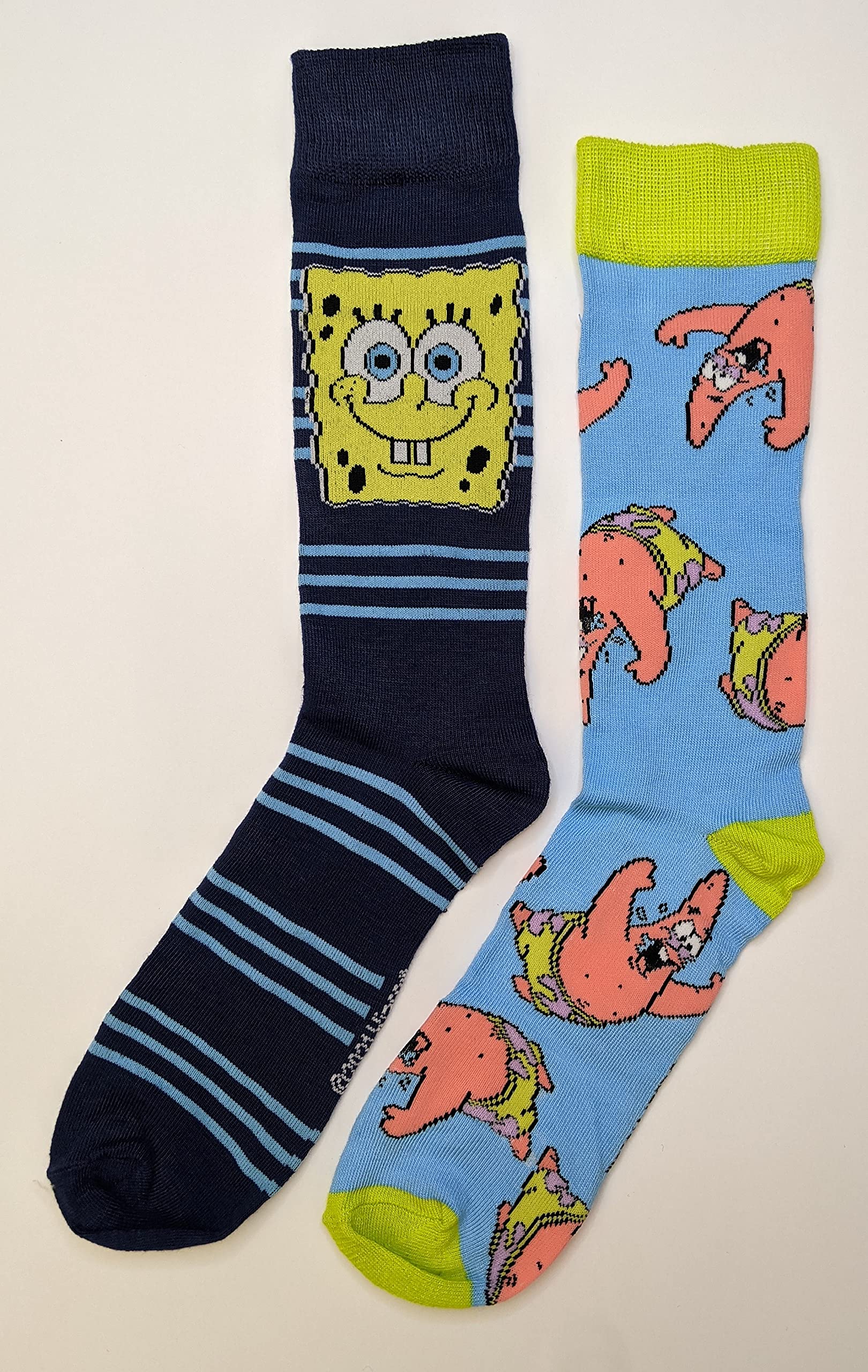 SpongeBob & Patrick Star Striped Men's Crew Socks - 2 Pairs Pack | Nickelodeon Cartoon Character Socks for Fans, Gift, Cosplay & Casual Wear