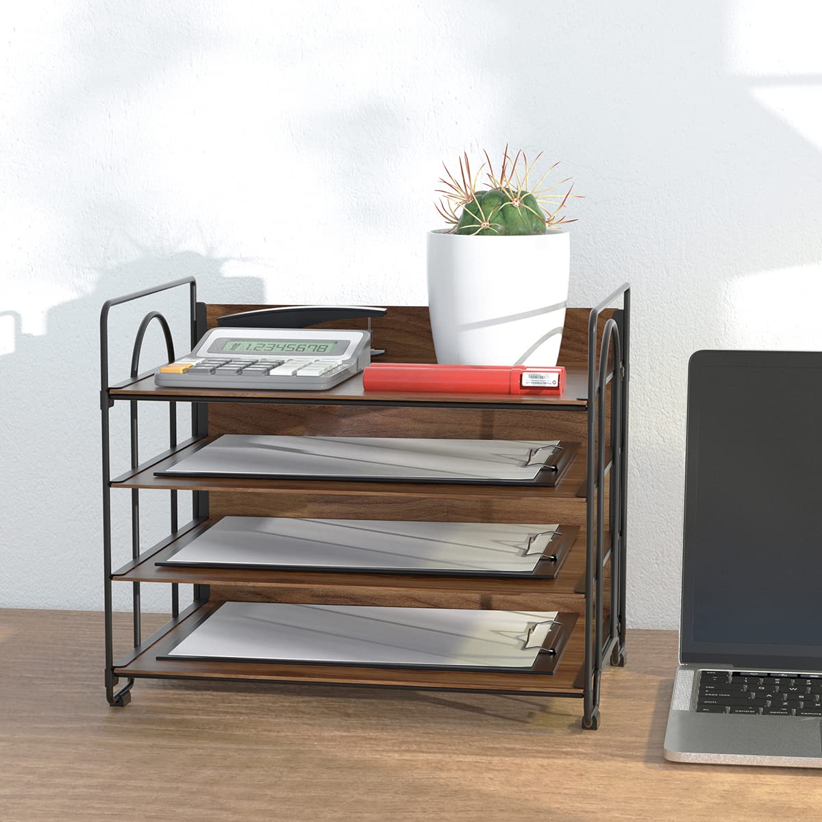 LUCYCAZ 4-Tier Wood and Metal Paper Organizer for Desk - Black File Tray for Office, Home & School Use - Perfect for Bills, Documents, Notebooks and Mail Organization