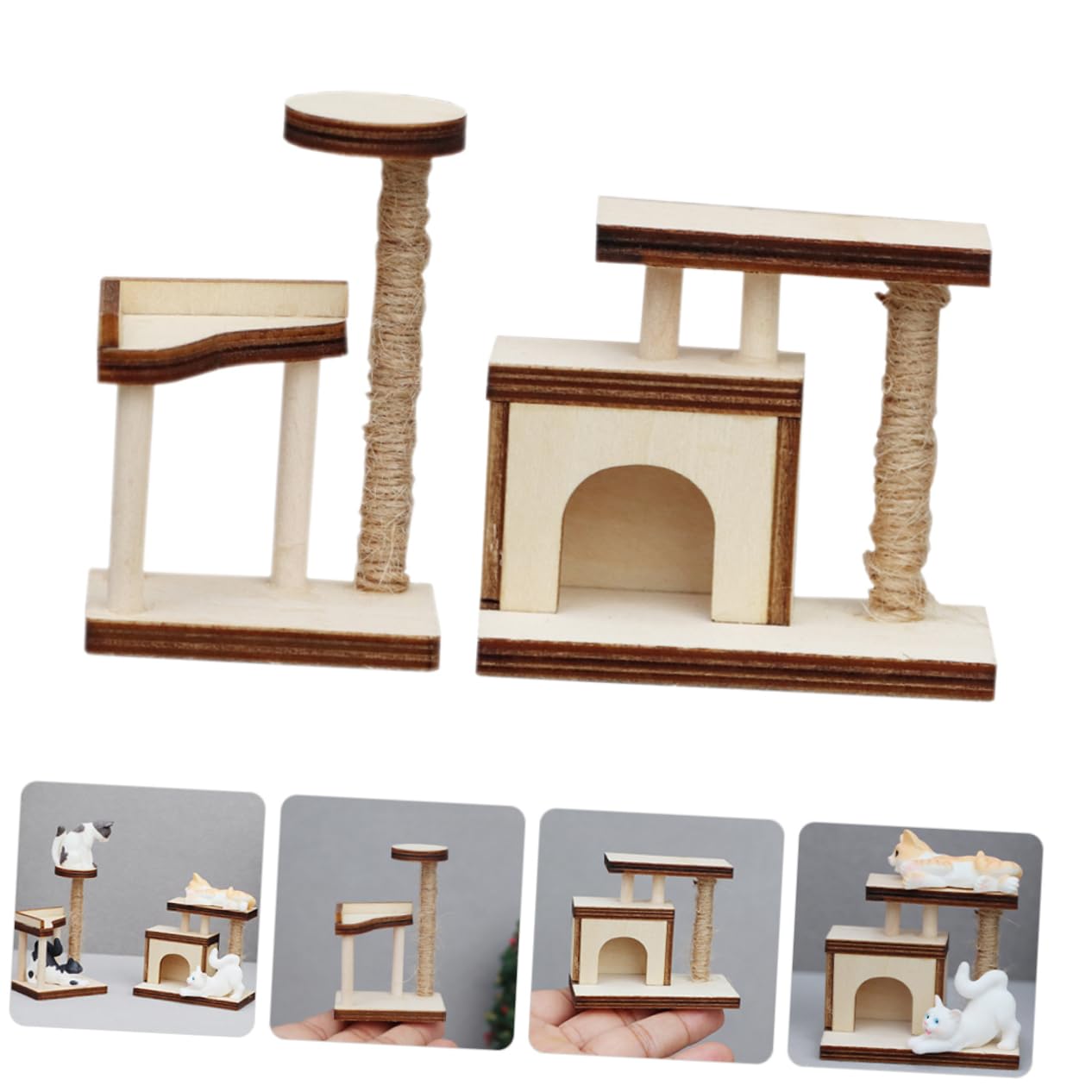 2pcs Mini Wooden Cat Tree Furniture - Dollhouse Climbing Tower for Cats, Desktop Ornament & Home Decor Accessory | Perfect for Small Spaces, Kitty Playtime, and Themed Room Decor