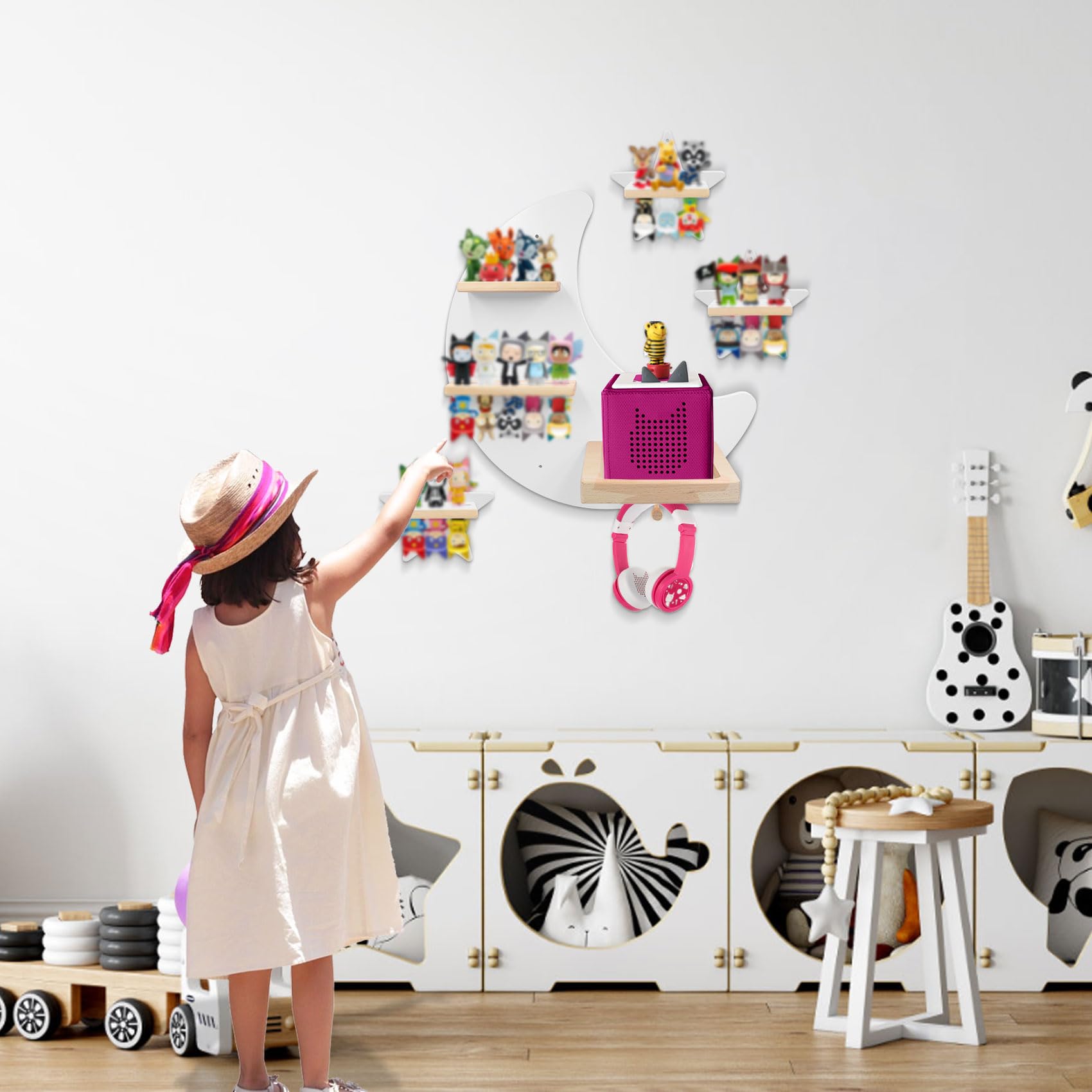 Magnetic Wooden Floating Shelves for Toniebox - Wall Mounted Storage Set for Tonie Figures, Compatible with Tonie Box Player - Perfect for Kids' Room Organization & Display