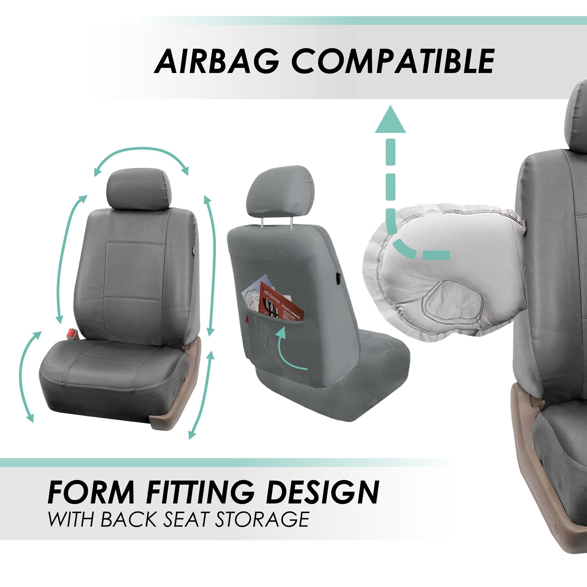 Premium FH Group PU Leather Car Seat Covers Full Set - Universal Fit for SUV, Sedan & Trucks | Airbag Compatible, Split Bench Design | Low Back Front & Rear Seat Protection | Durable Solid Gray Automotive Interior Accessories | Perfect for Daily Commute, Road Trips & Family Travel