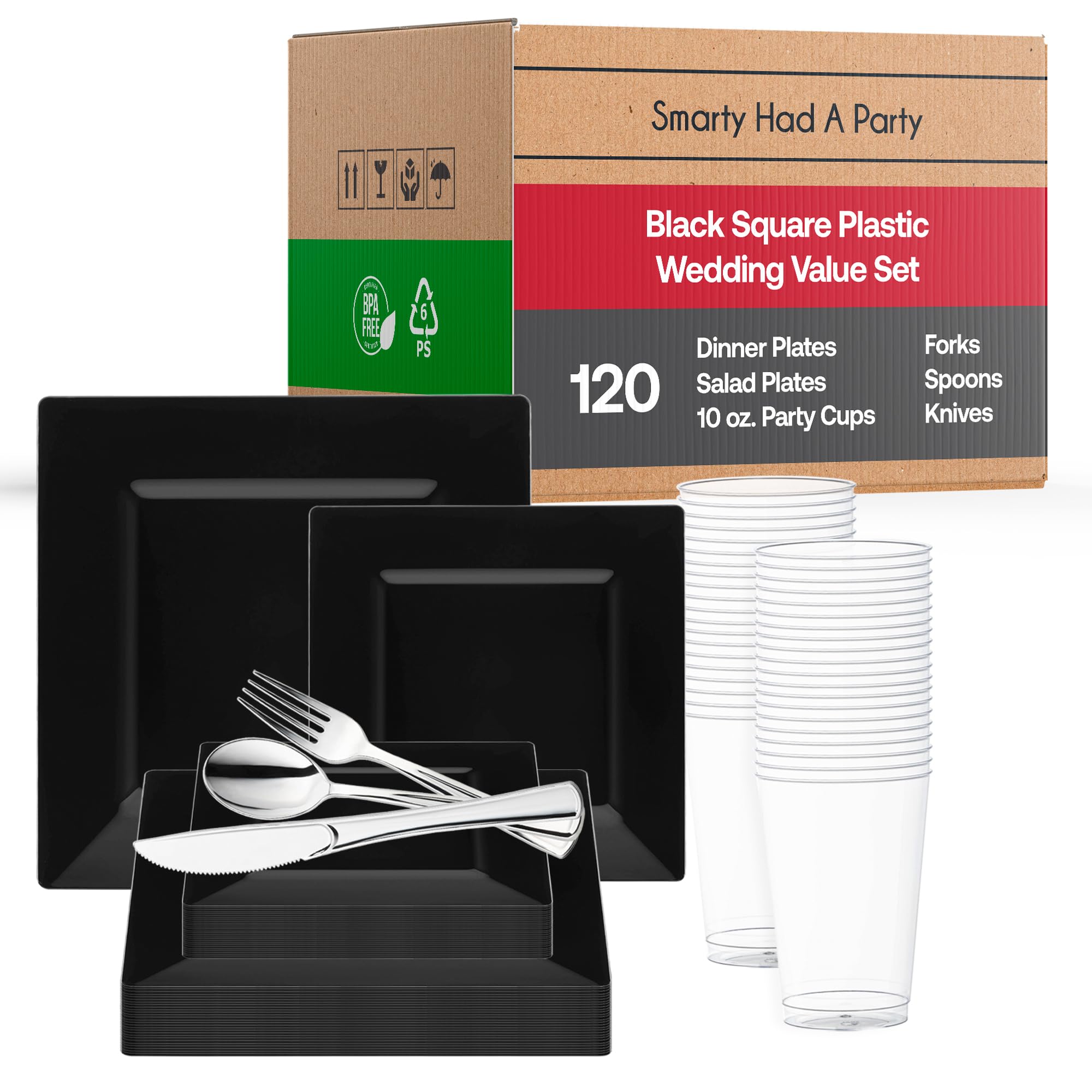Elegant Disposable Plastic Dinnerware Set - Heavy Duty Black Plastic Plates for Weddings & Parties (120-Piece Value Pack) - Perfect for Wedding Receptions, Birthday Parties & Catering Events