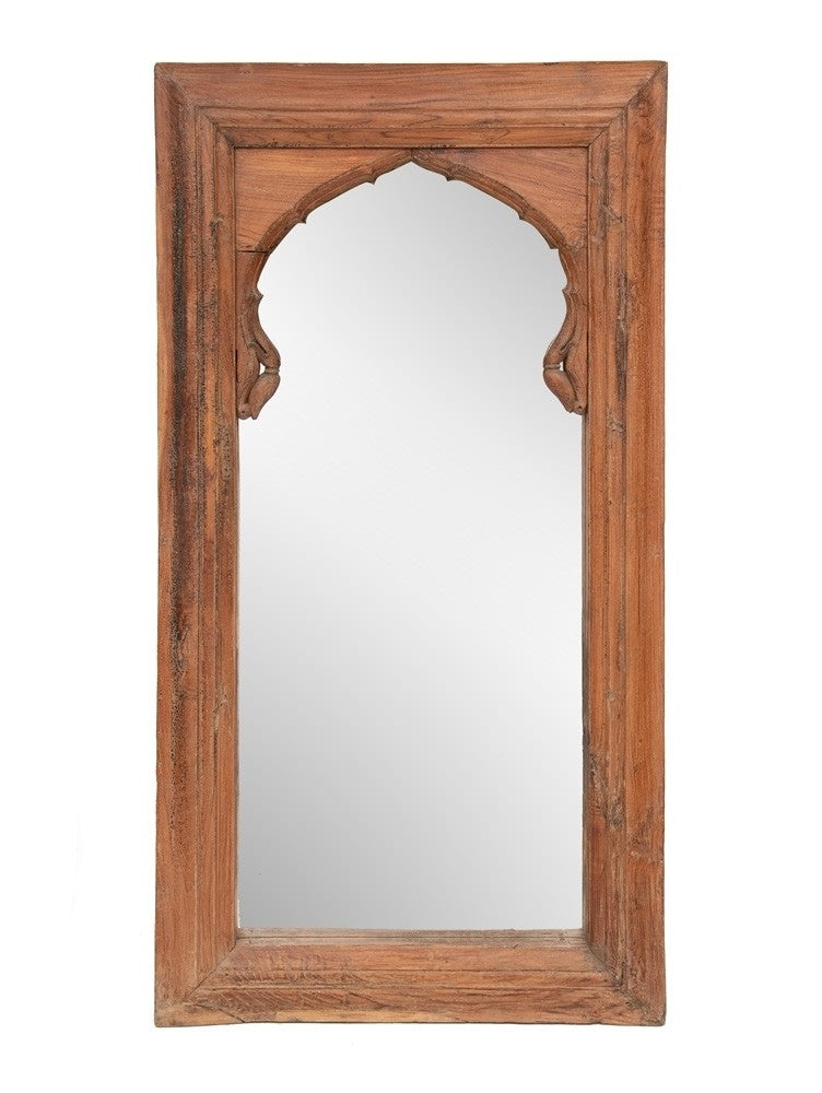 Hand Carved Indian Arch Mehrab Window Frame with Mirror - Brown Wooden Wall Decor for Living Room, Bedroom & Home Interior Design