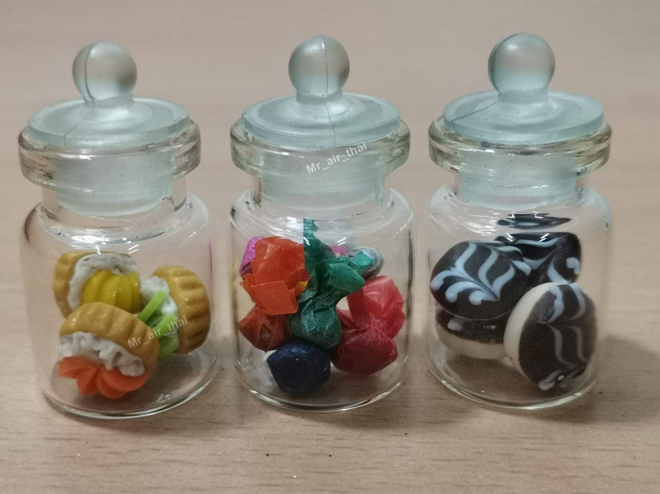 3pc Miniature Food Set - Chocolate Cake, Candy Cookie, Donut in Clear Glass Bottles for Dollhouse & Diorama Decor - Perfect for Miniature Displays, Fairy Gardens & DIY Crafts #MF093