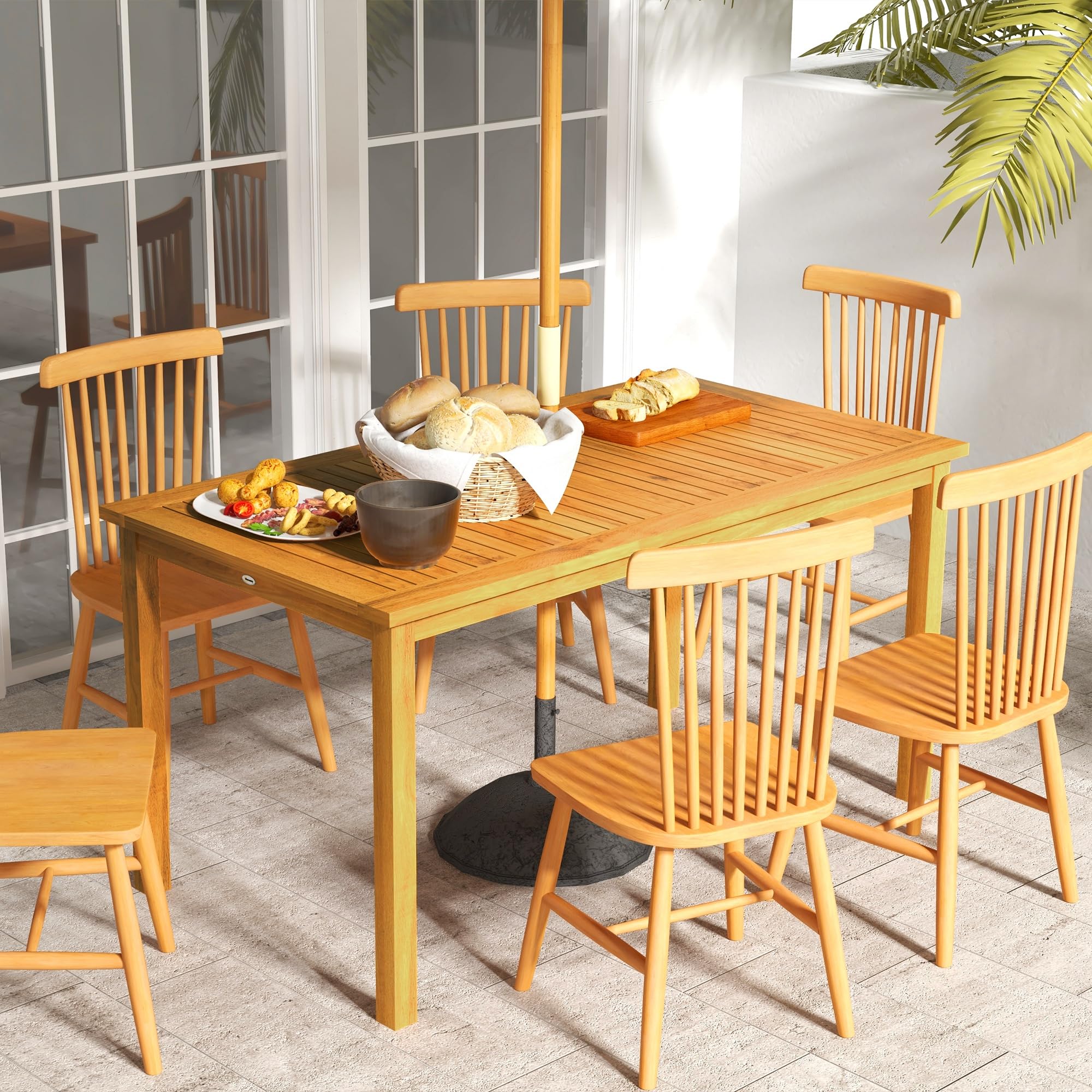 Outsunny 6-Person Rectangle Patio Dining Table with Umbrella Hole - Acacia Wood Outdoor Table for Garden, Backyard, Deck - Perfect for BBQs, Family Gatherings & Outdoor Entertaining